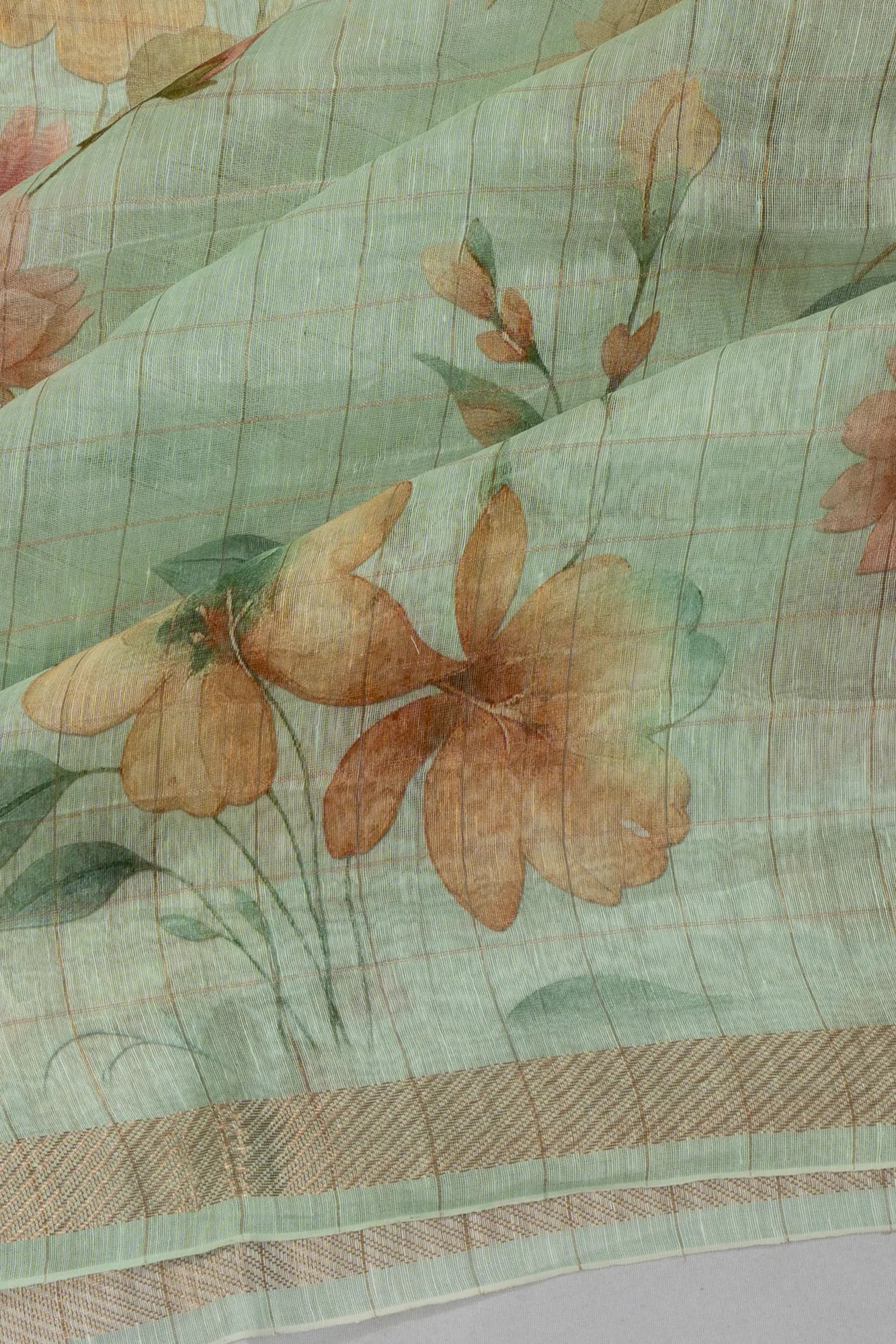 Linen Checks And Printed Sea Green Saree