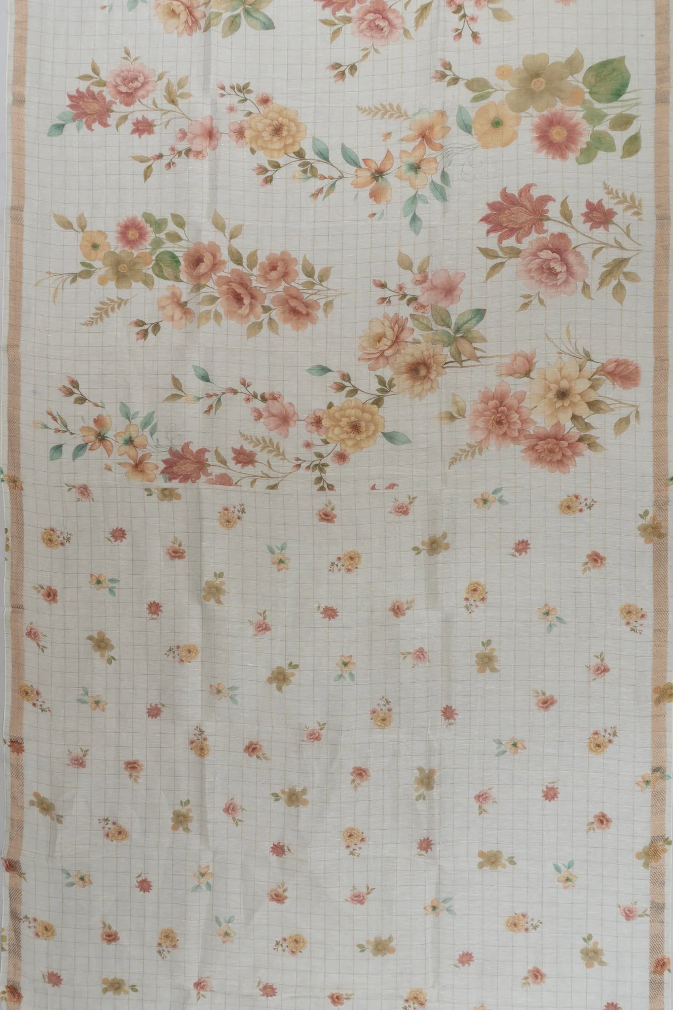 Linen Checks And Printed White Saree