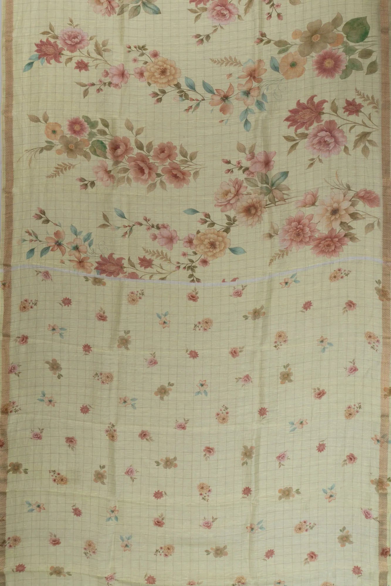 Linen Checks And Printed Pale Yellow Saree