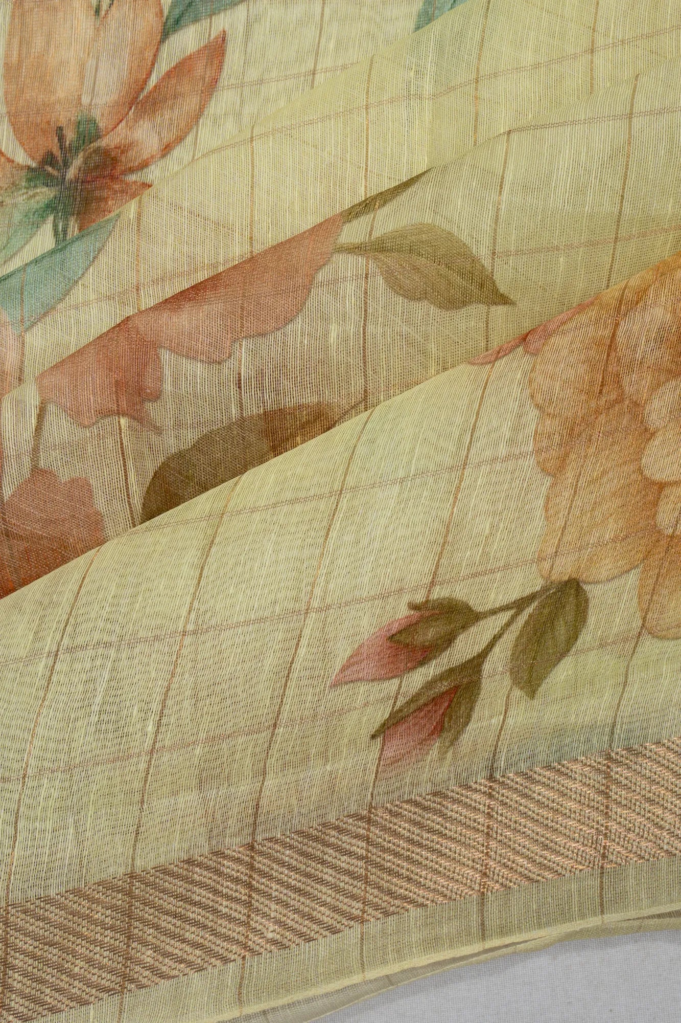 Linen Checks And Printed Pale Yellow Saree