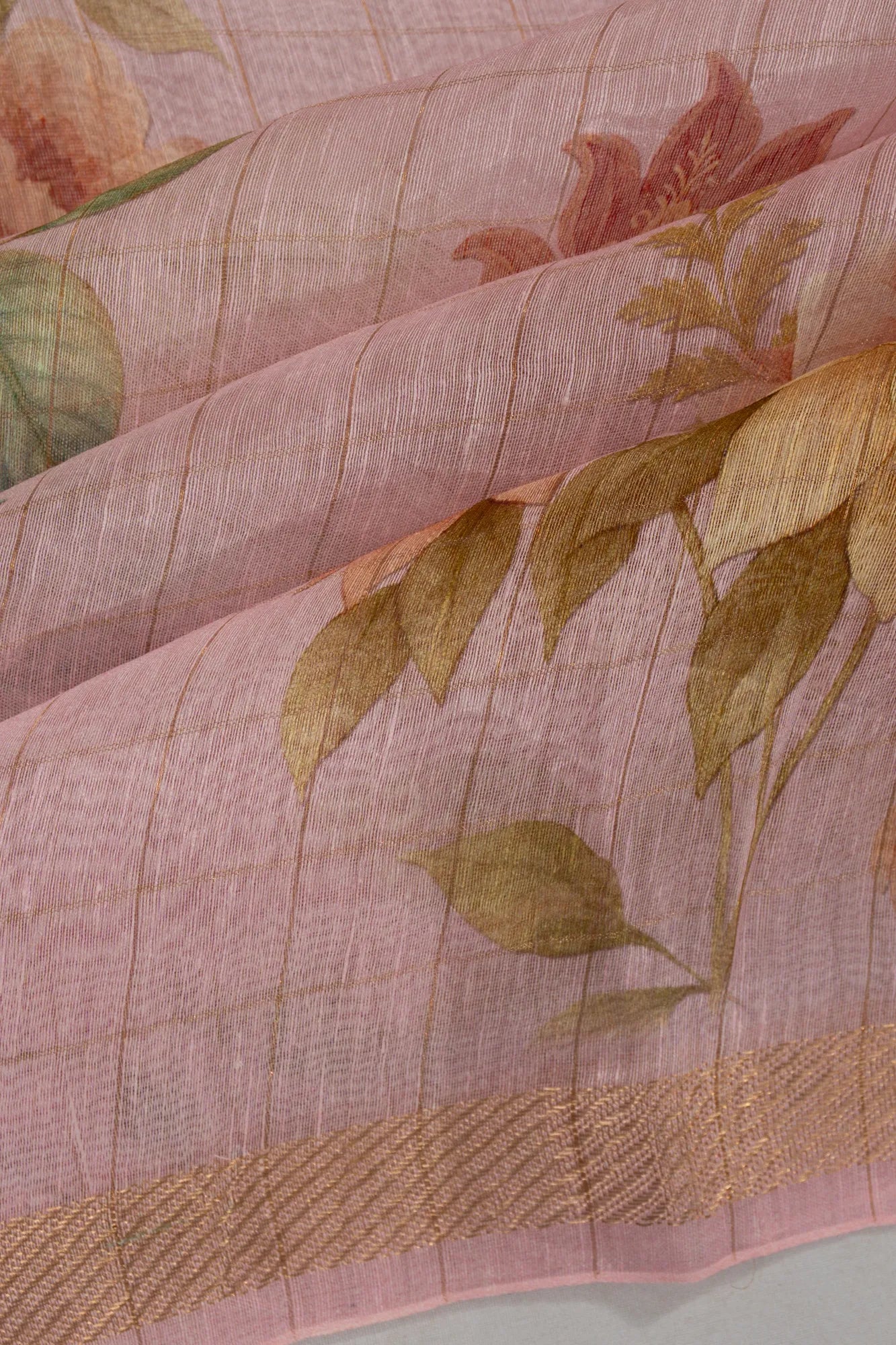 Linen Checks And Printed Baby Pink Saree