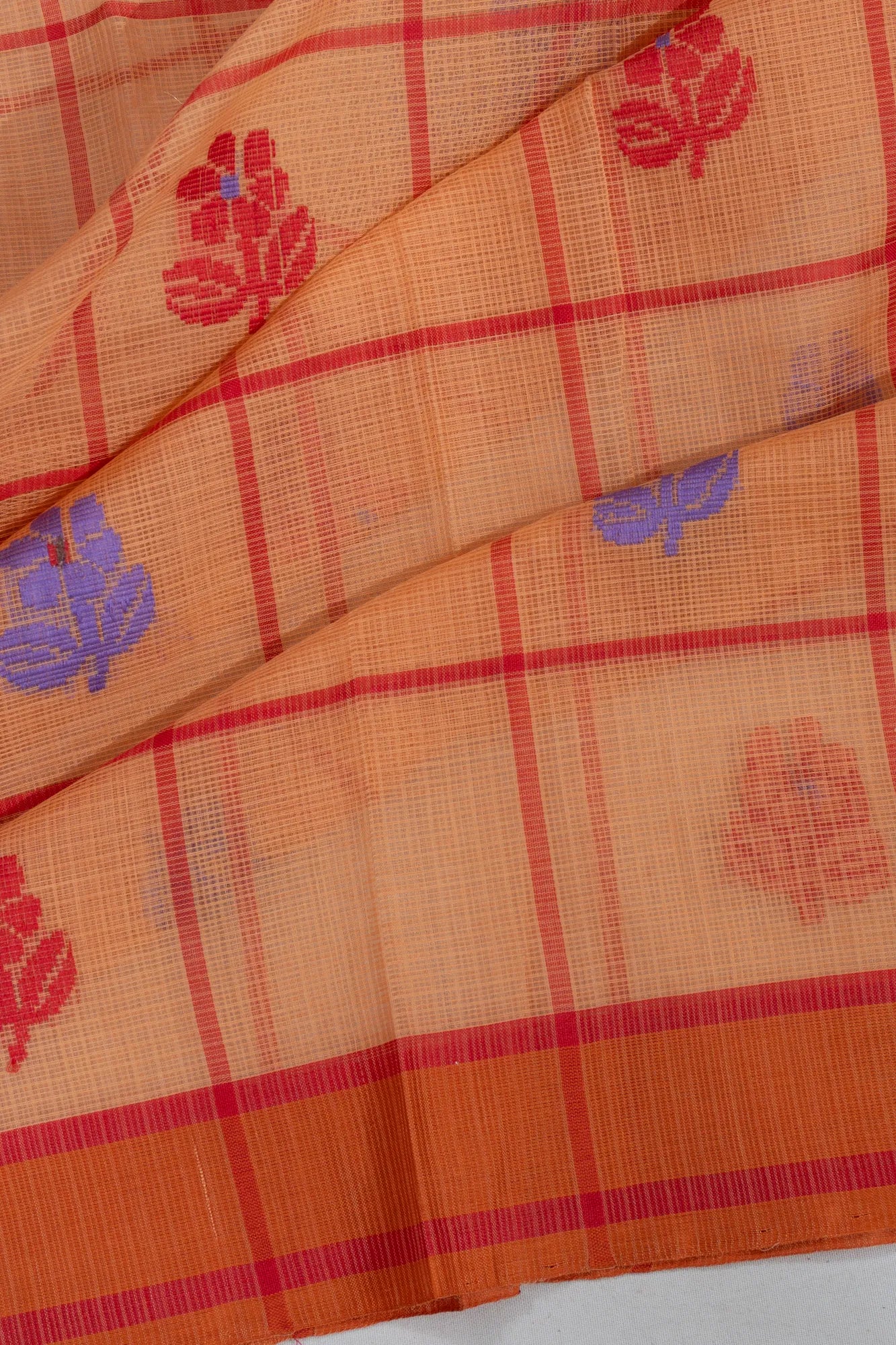 Kota Soft Silk Checks And Threaded Butta Orange Saree