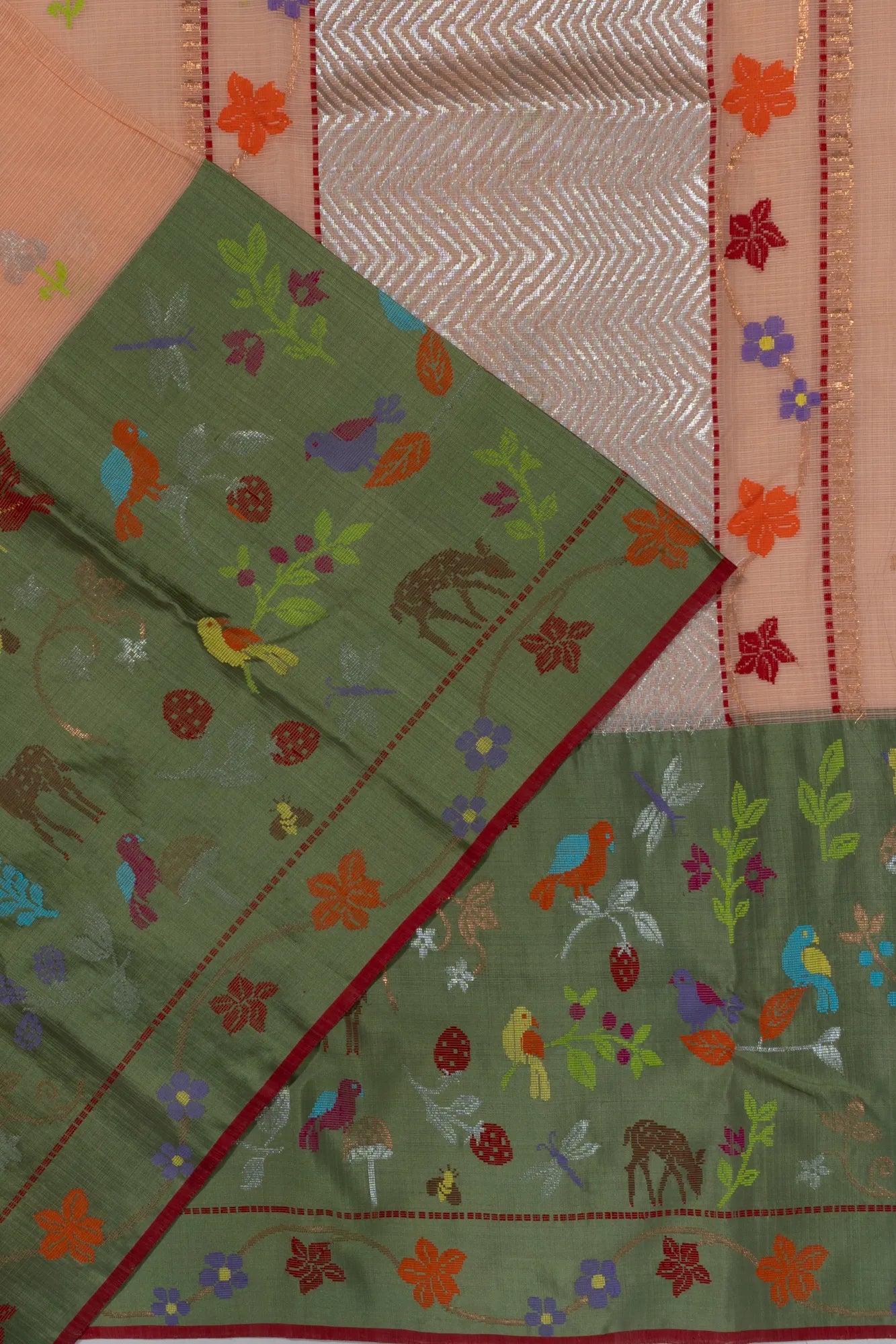 Zari Kota Cotton Butta Pastel Orange Saree With Jamdani