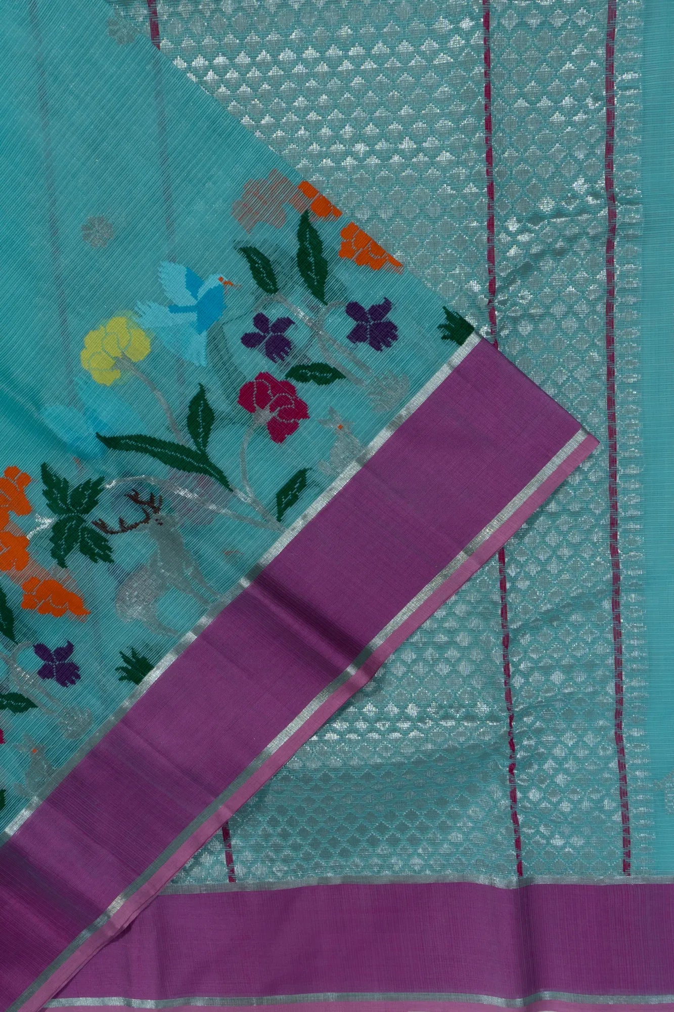 Zari Kota Cotton Butta Blue Saree With Jamdani