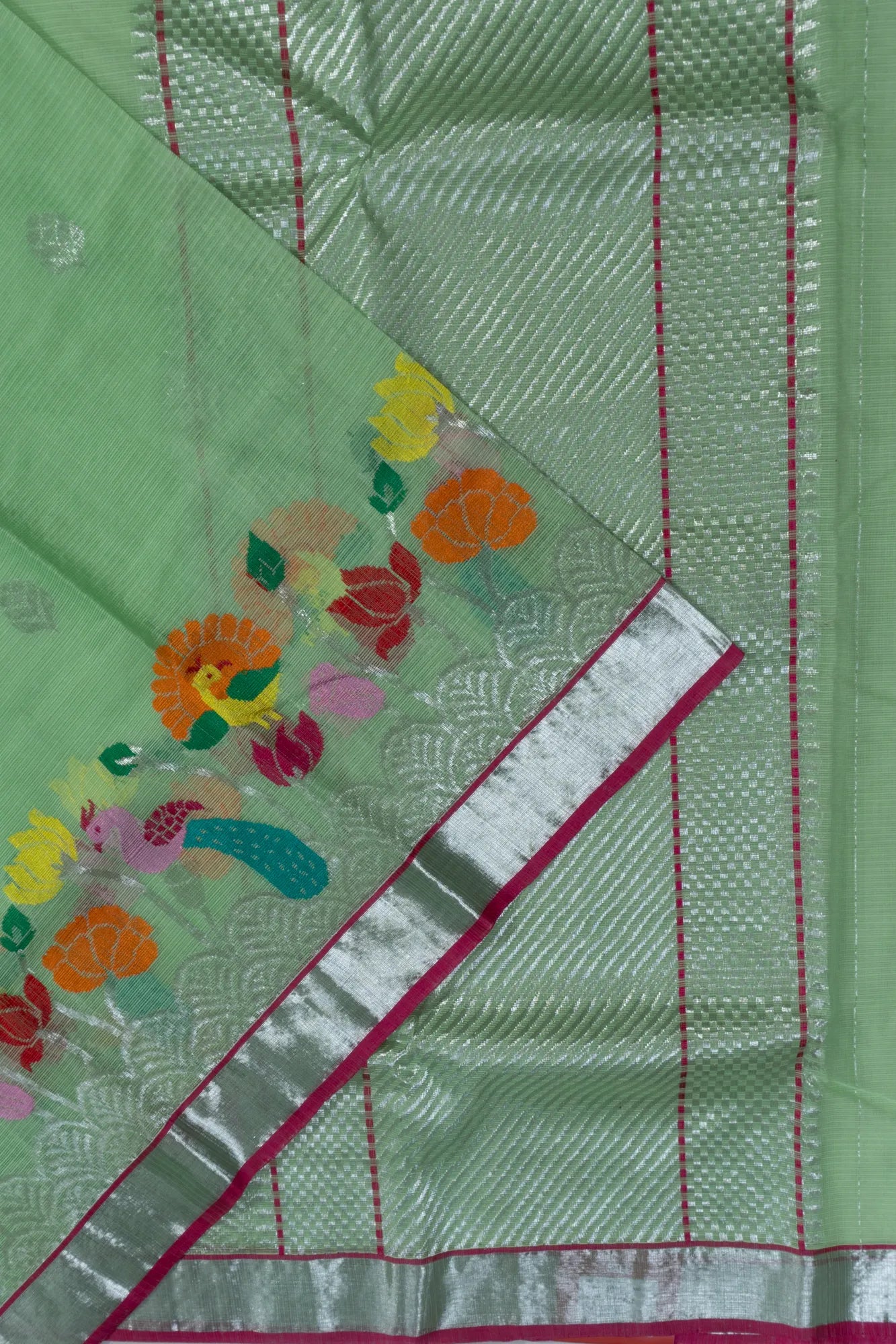 Zari Kota Cotton Jamdani Butta Green Saree