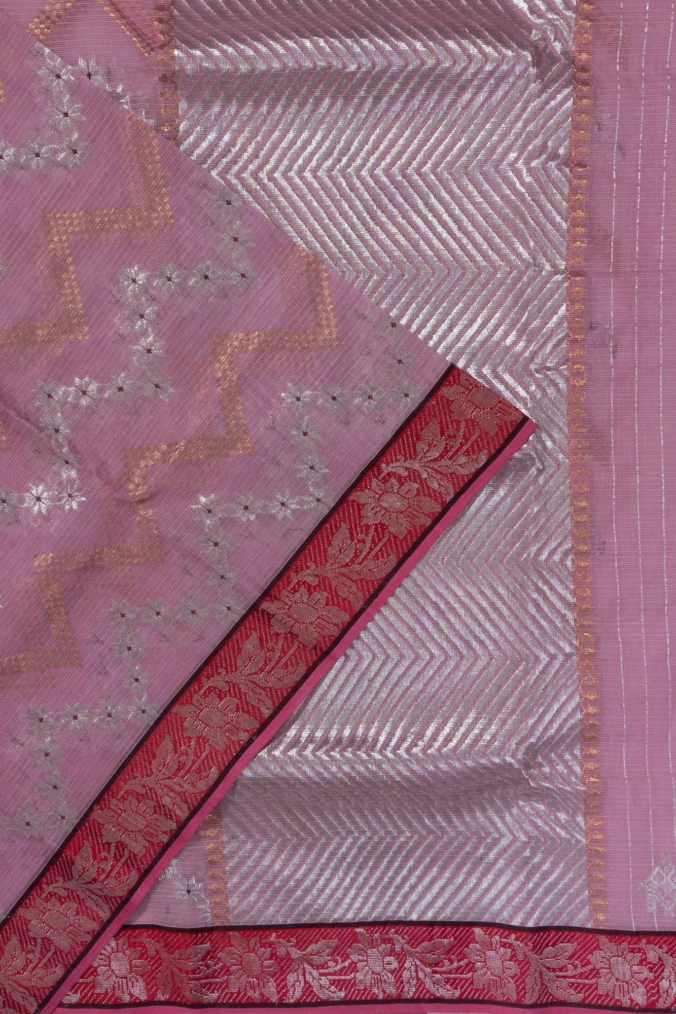 Zari Kota Cotton Zig Zag Lines Baby Pink Saree