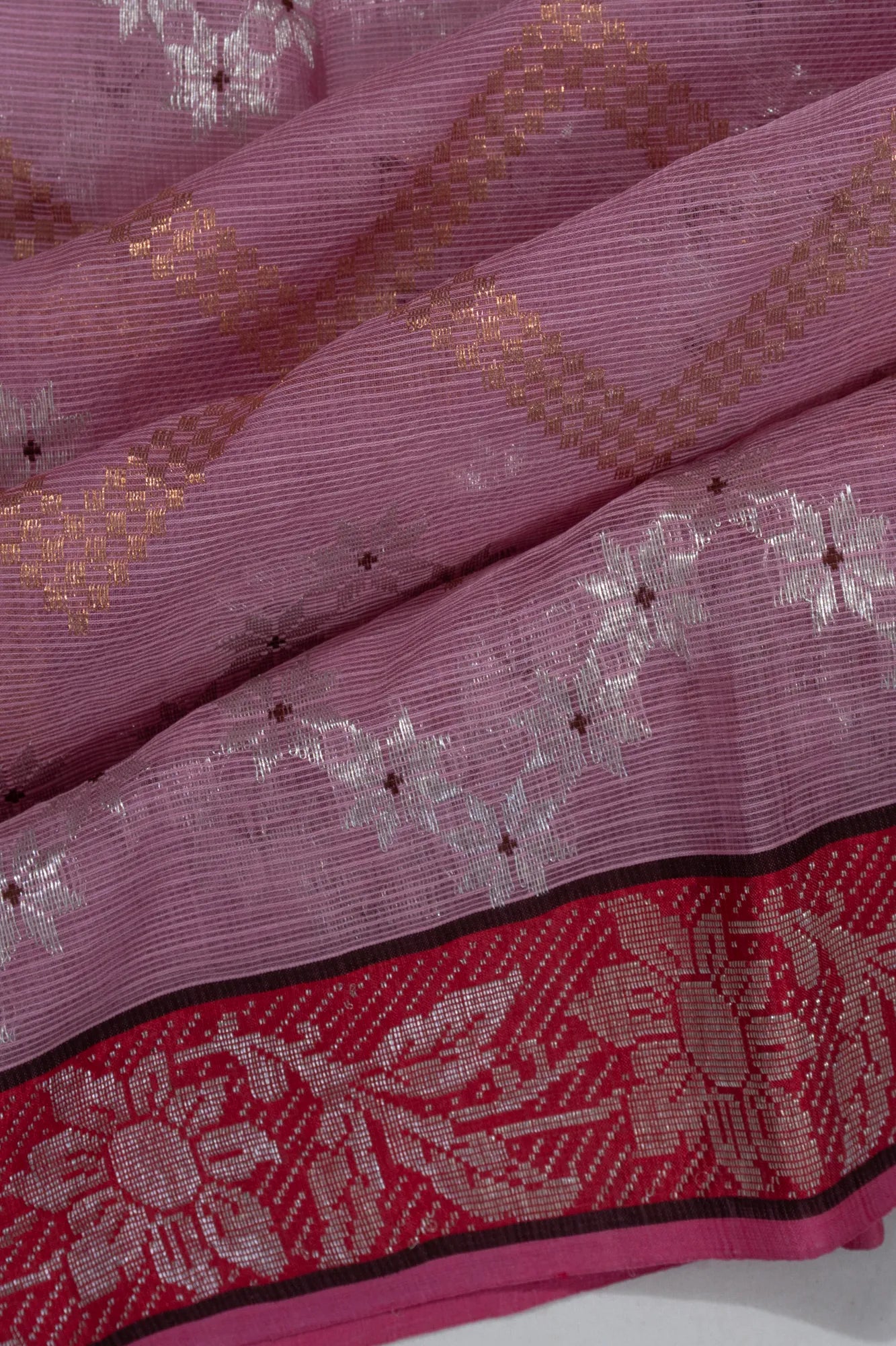 Zari Kota Cotton Zig Zag Lines Baby Pink Saree