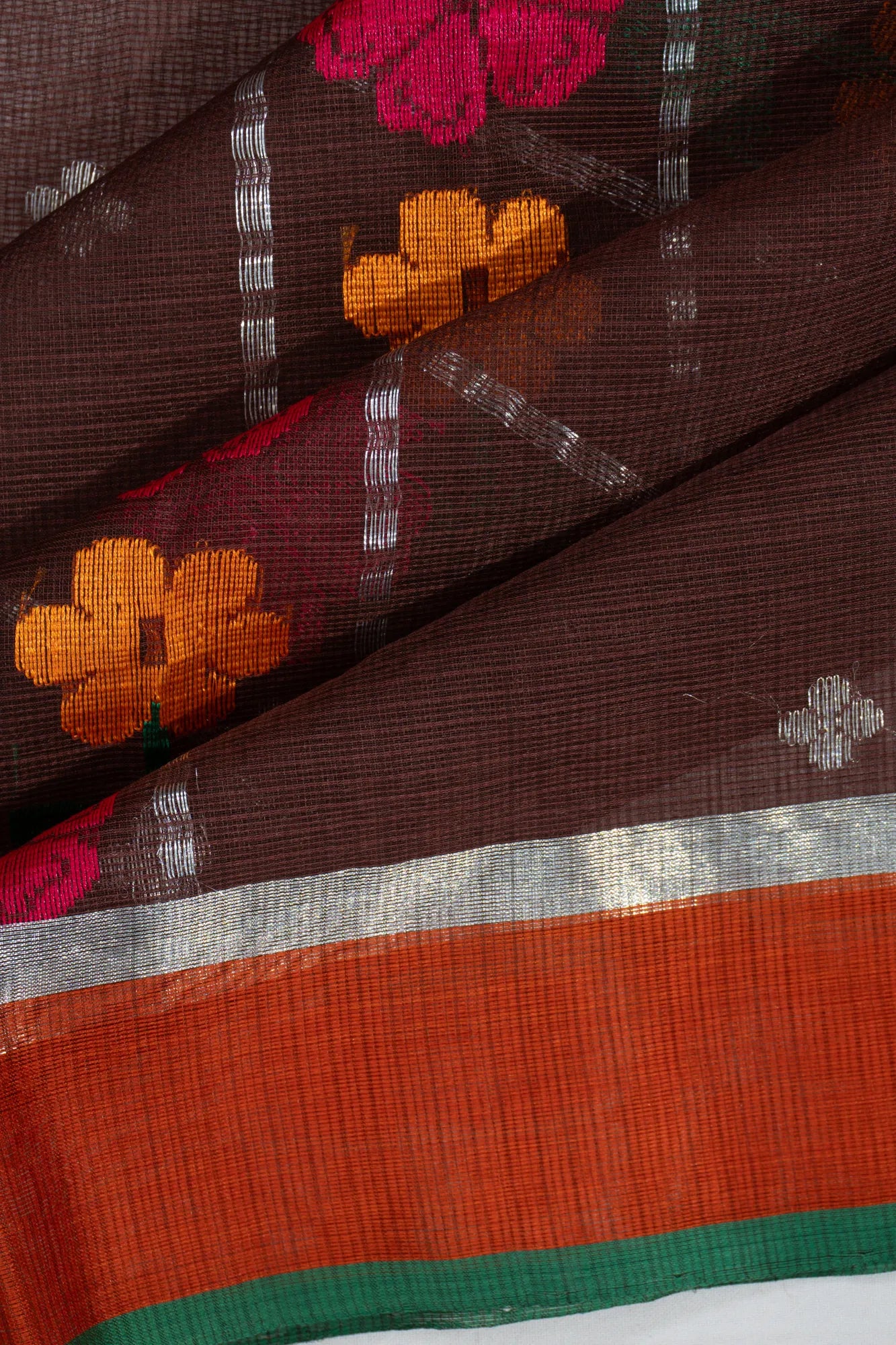 Zari Kota Cotton Butta Brown Saree