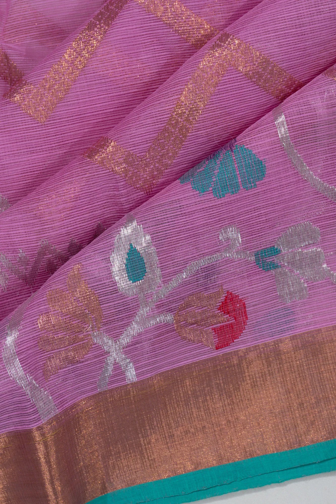 Zari Kota Cotton Zig Zag Lines Pink Saree