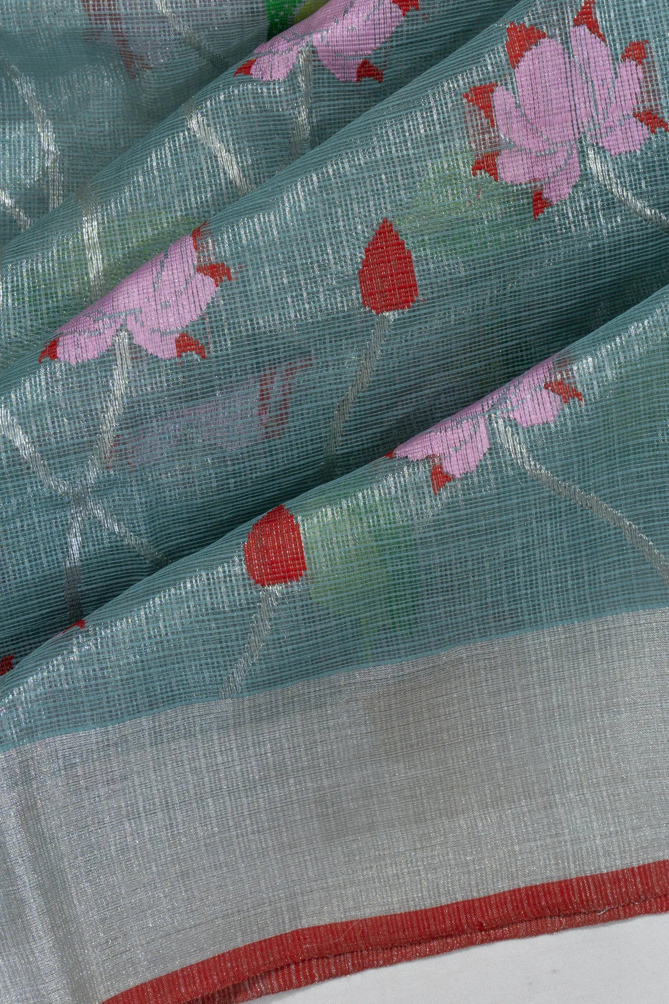 Zari Kota Cotton Tissue Jamdani Jaal Blue Saree