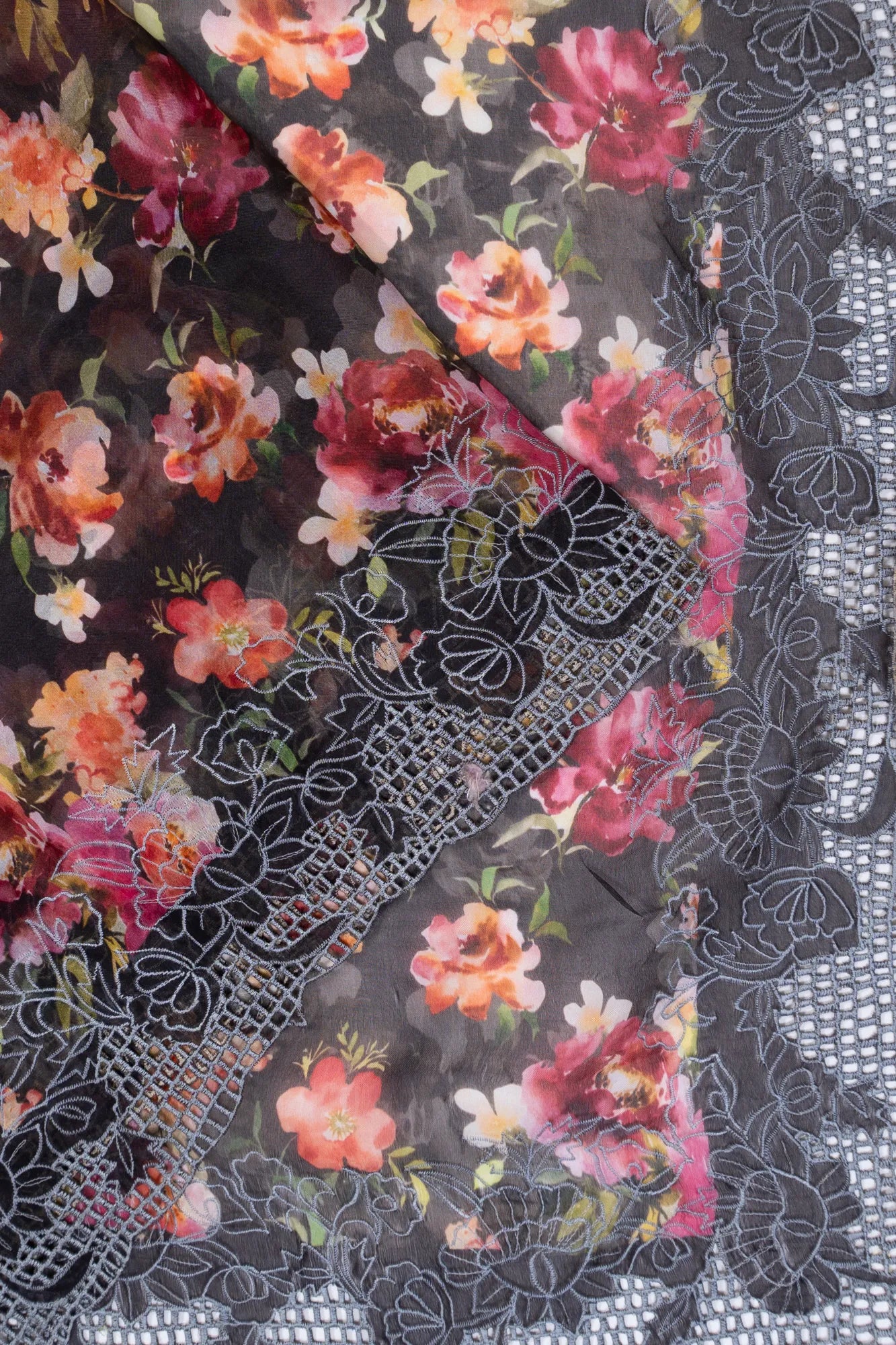 Organza Printed Pastel Black Saree With Embroidery Border