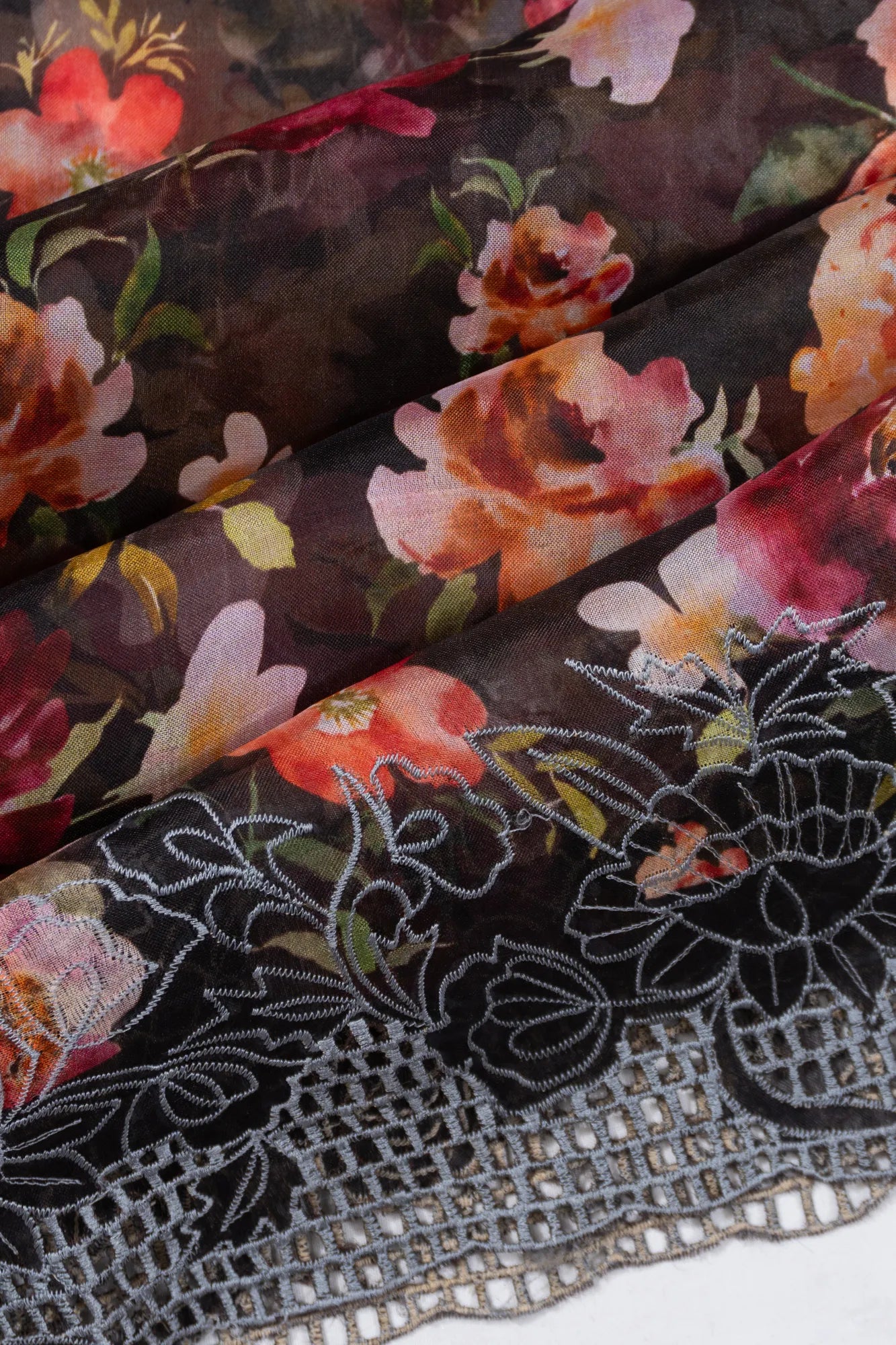 Organza Printed Pastel Black Saree With Embroidery Border