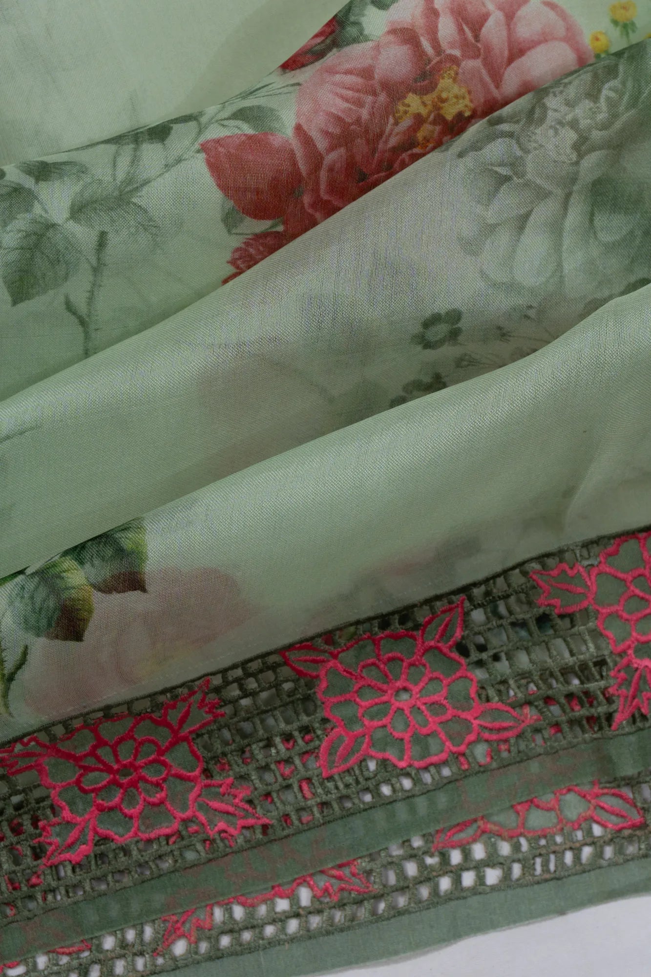 Organza Printed Pastel Green Saree With Embroidery Cutwork Border