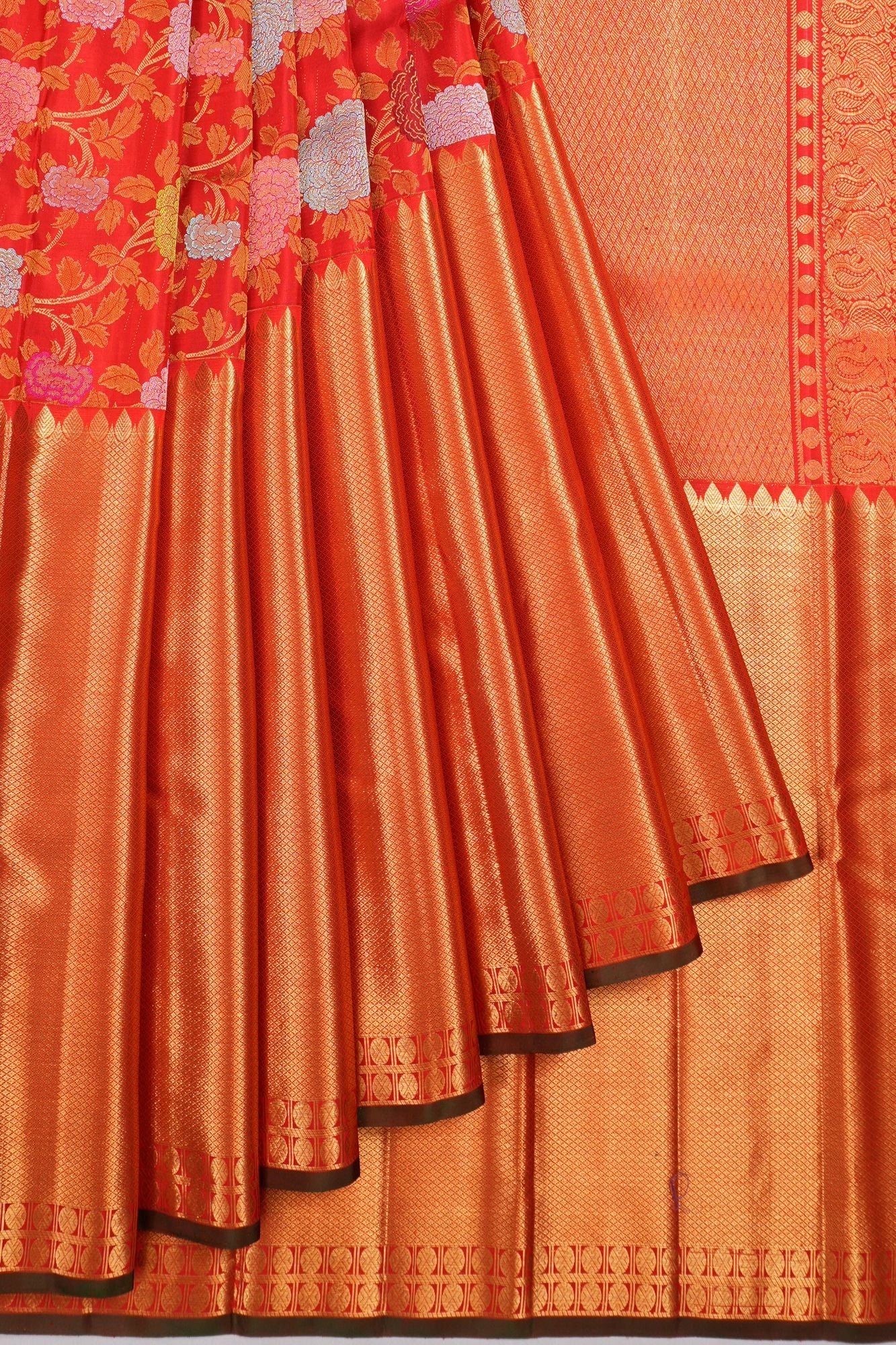 Kanchipuram Silk Jaal Red Saree With Very Big Border