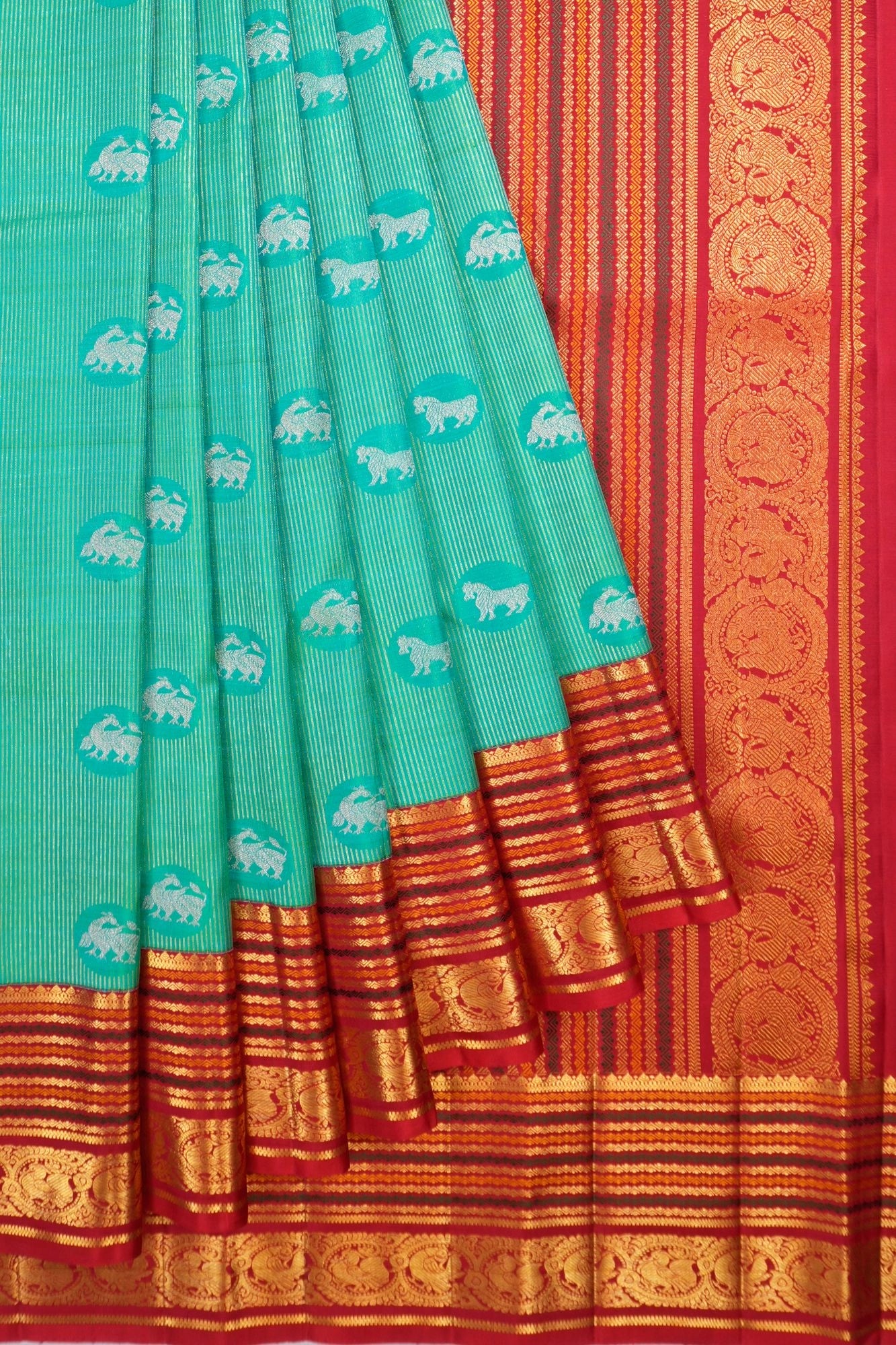Classic Kanchipuram Silk Lines And Butta Sea Green Saree