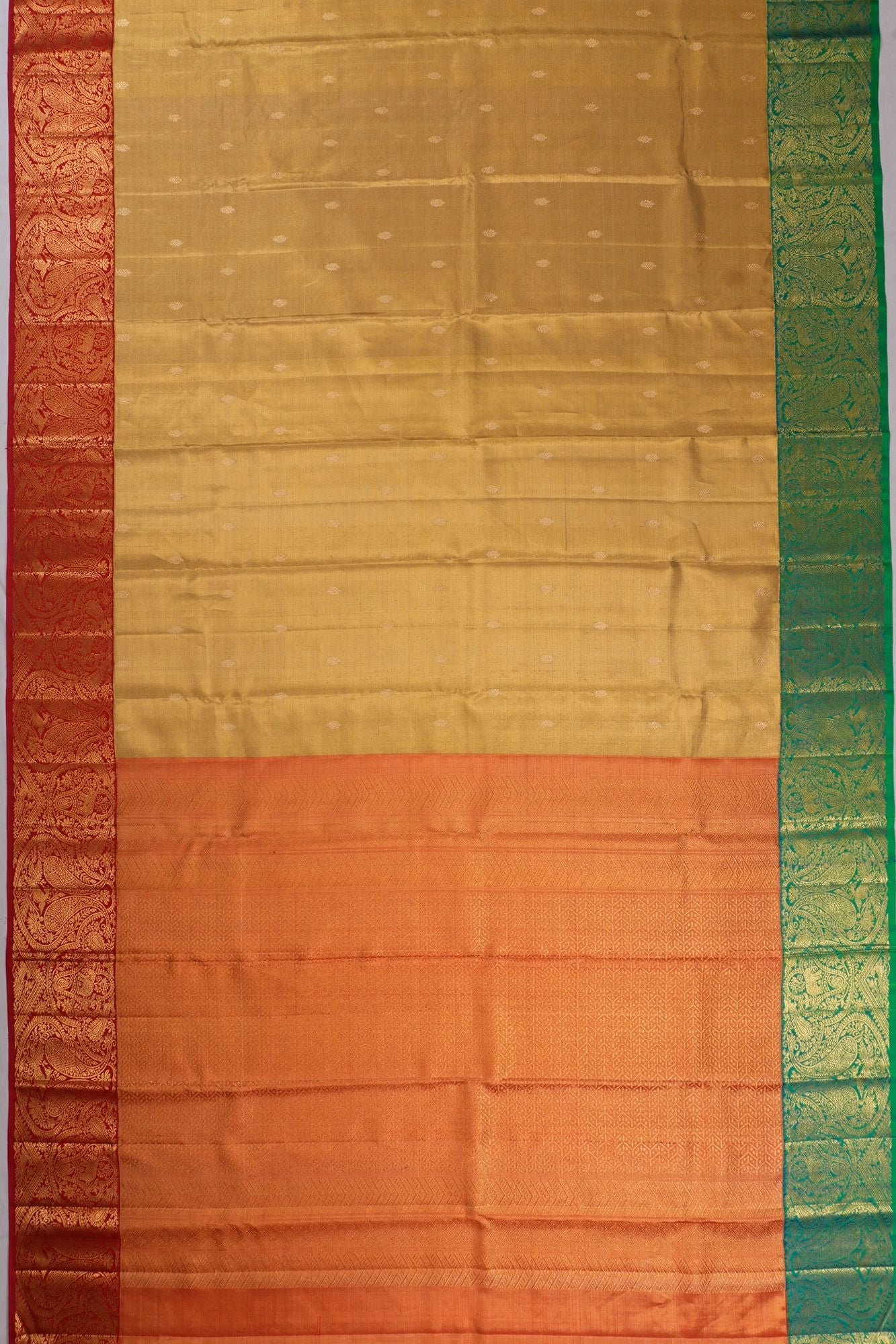 Kanchipuram Silk Tissue Butta Gold Saree With Ganga Jamuna Border
