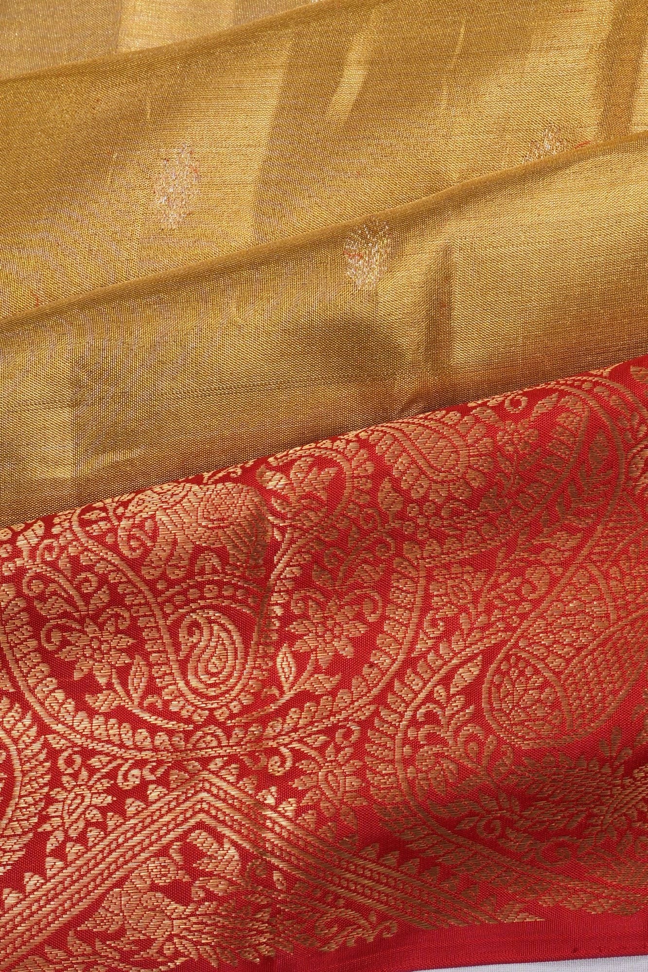 Kanchipuram Silk Tissue Butta Gold Saree With Ganga Jamuna Border