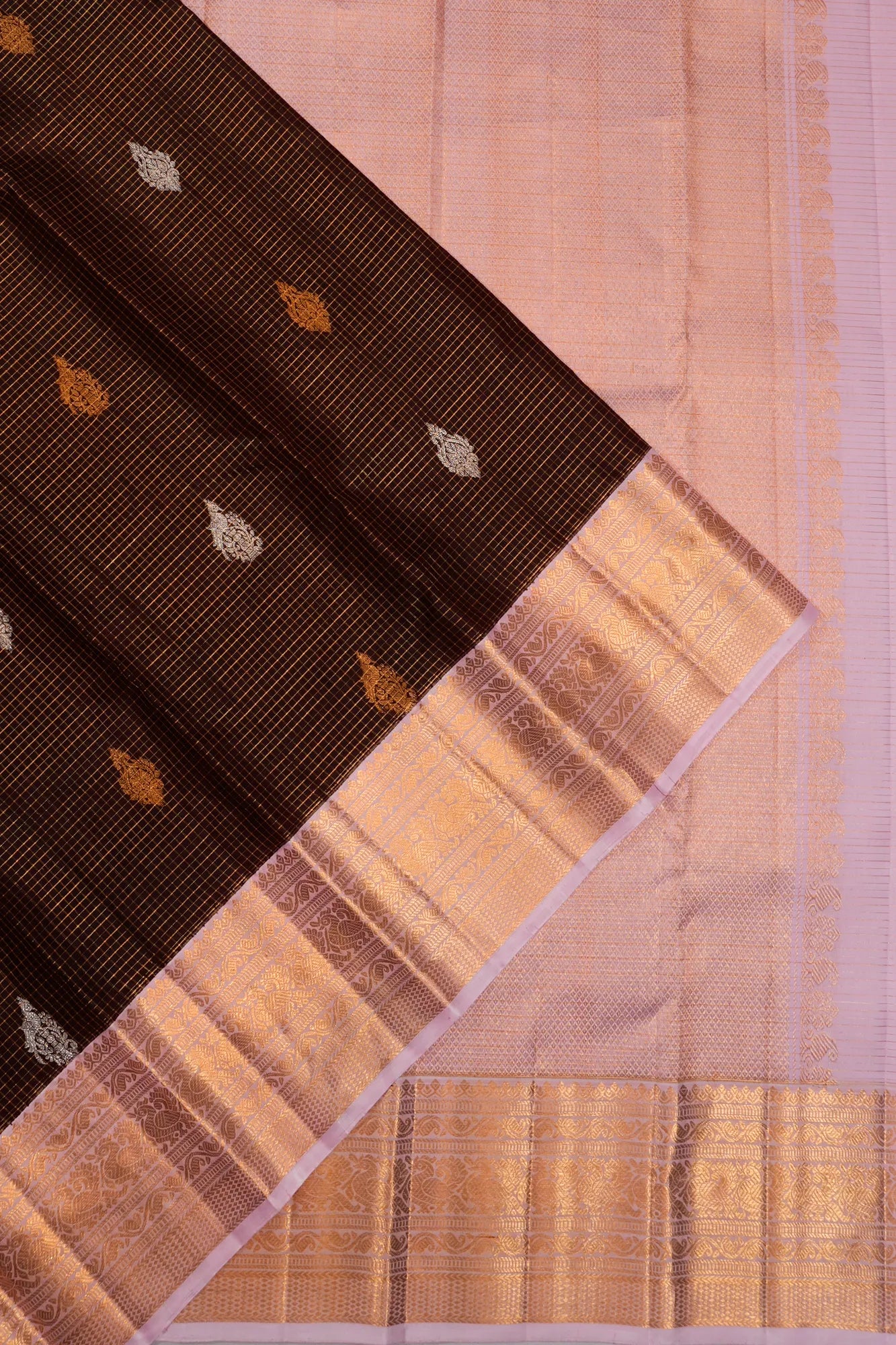 Classic Kanchipuram Silk Checks And Butta Brown Saree