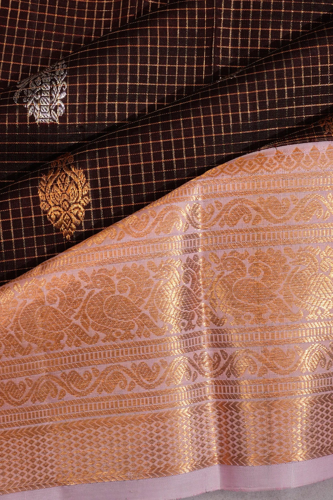 Classic Kanchipuram Silk Checks And Butta Brown Saree