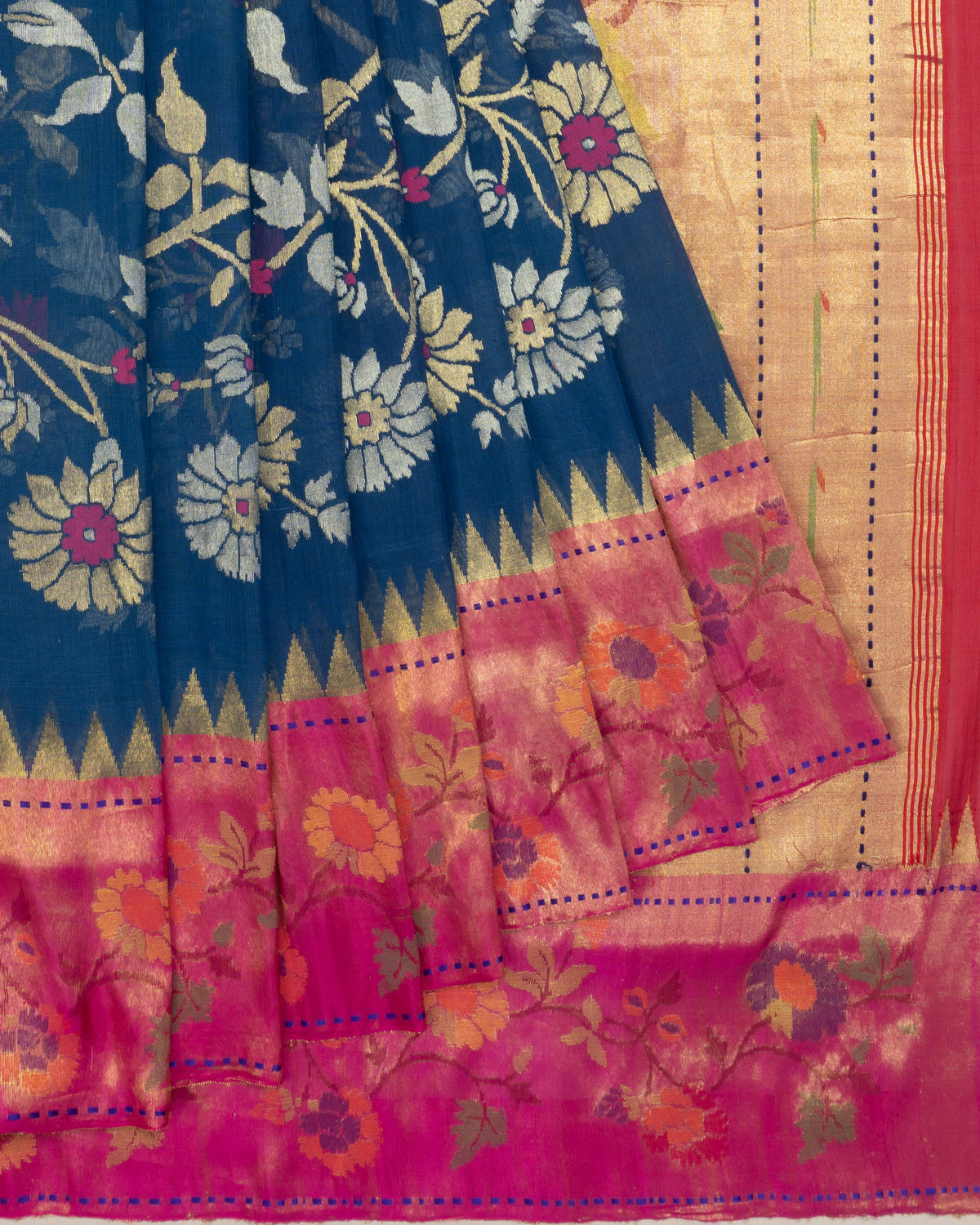 Ponduru Handspun Cotton All Over Jamdani Jaal Dark Blue Saree