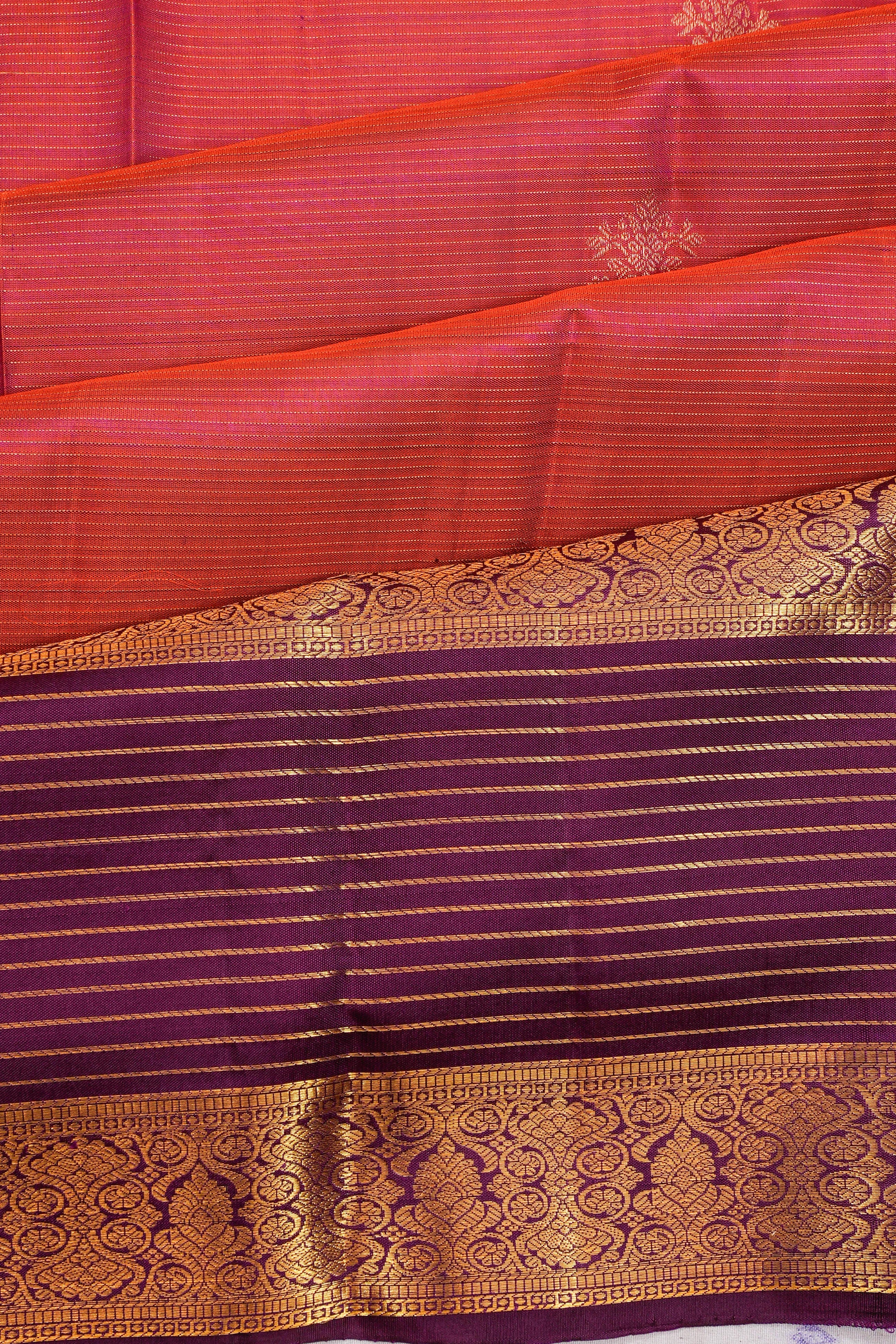 Taranga Kanchi Silk Oosi Lines And Butta Pink Saree With Rettai Pettu Border