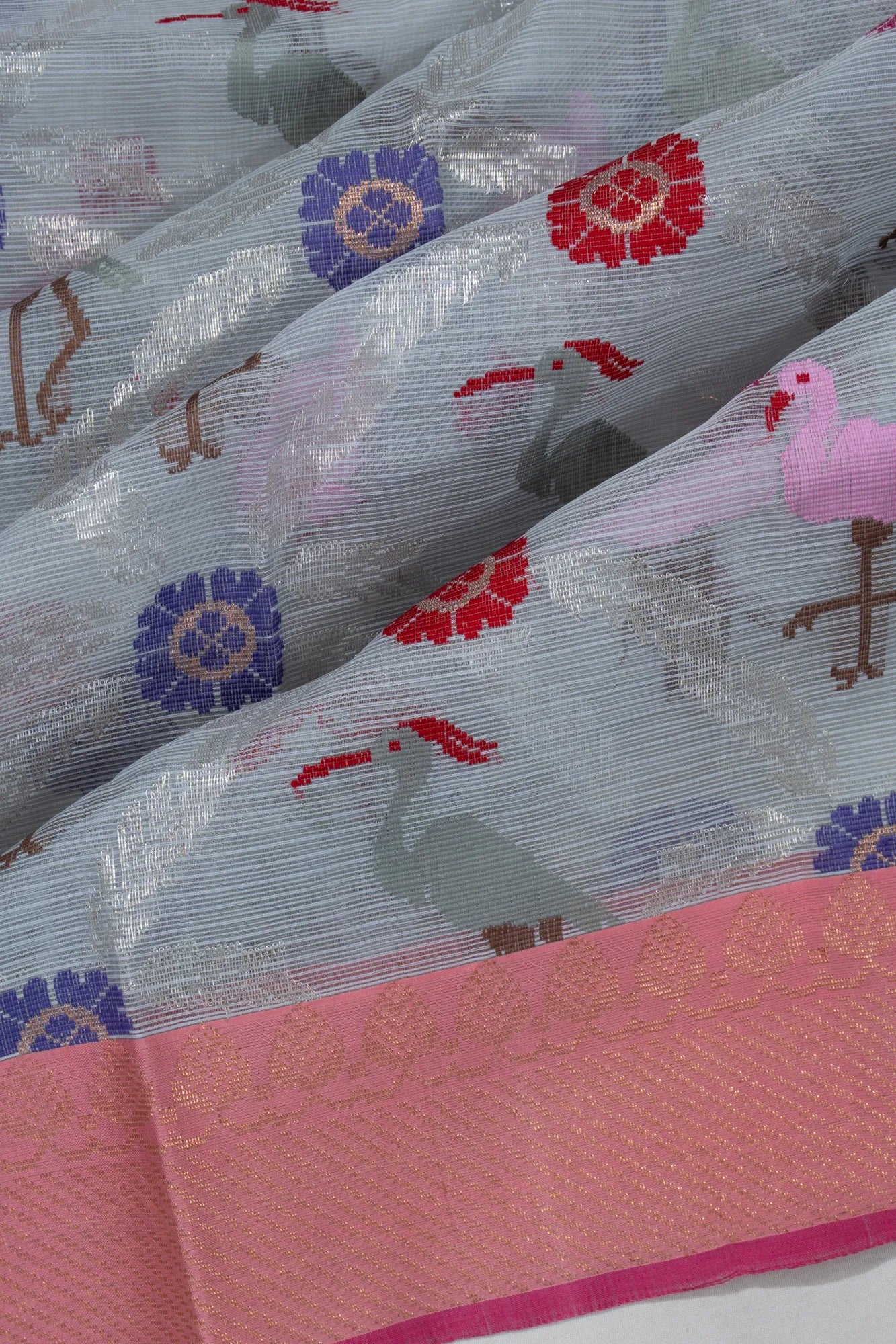 Zari Kota Cotton Jamdani Jaal And Butta Pastel Grey Saree