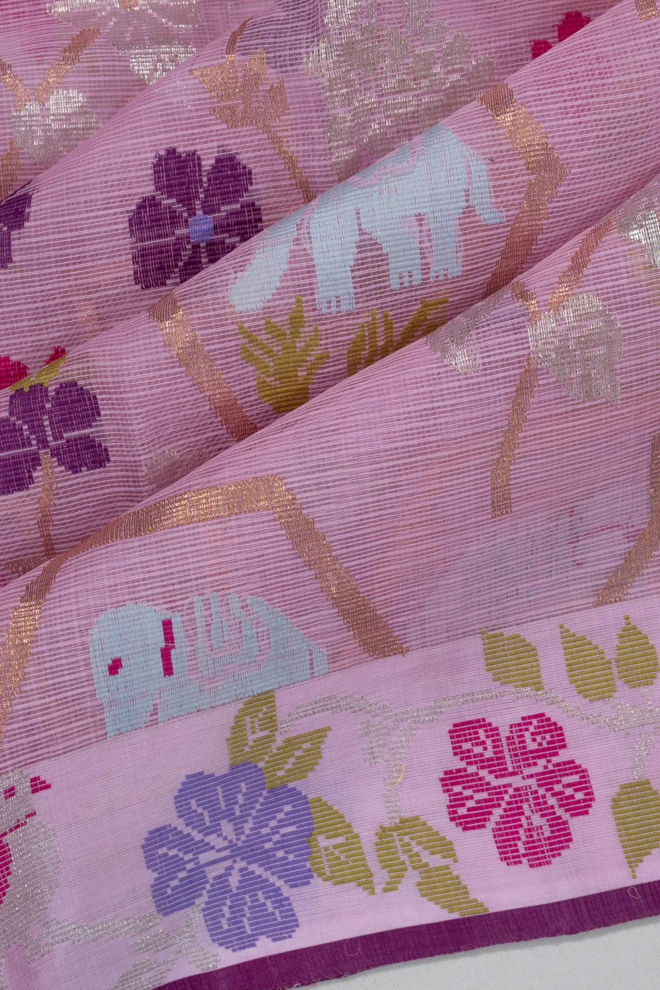 Zari Kota Cotton Jamdani Jaal Baby Pink Saree