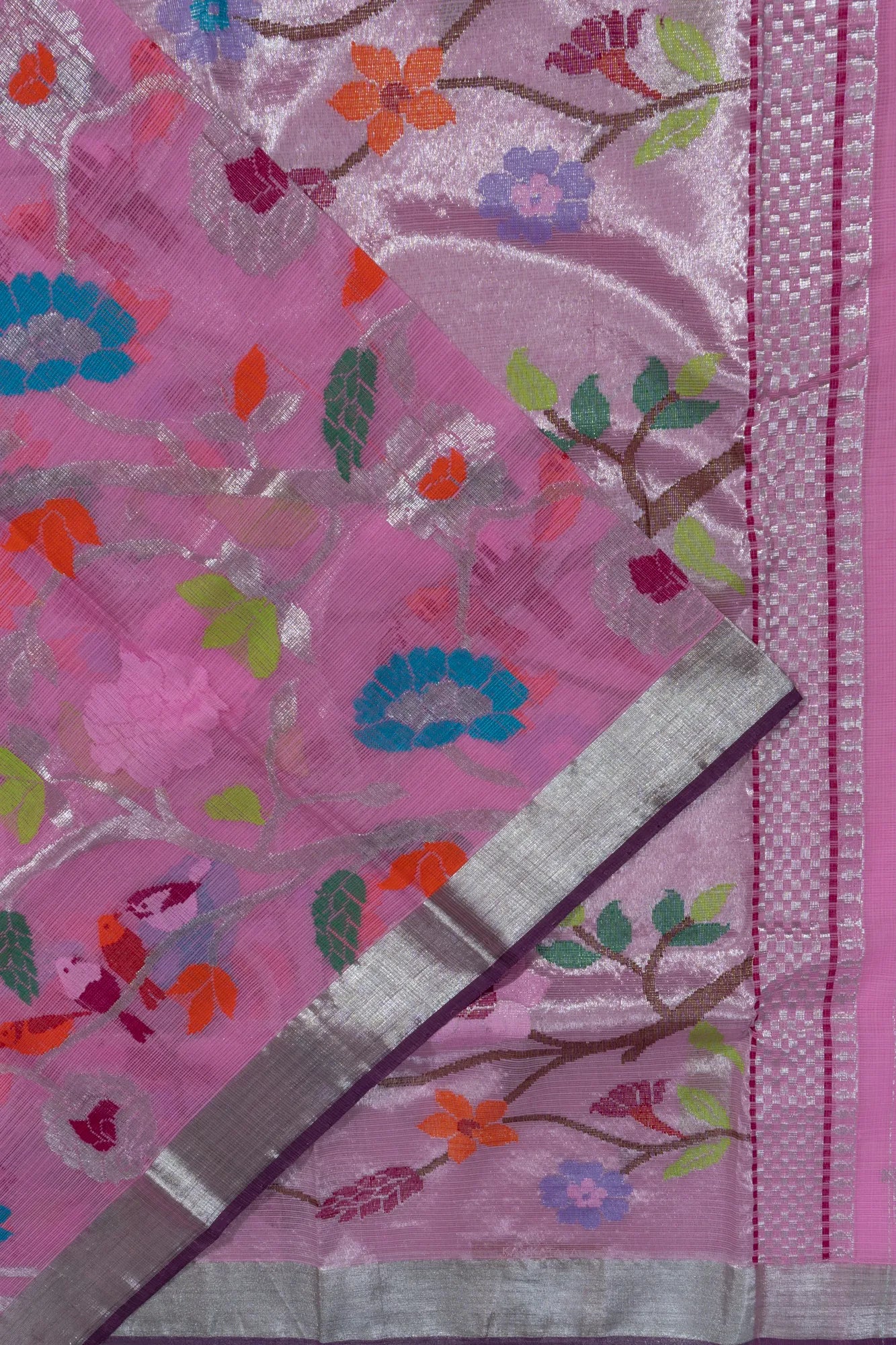 Zari Kota Cotton Jamdani Jaal Pink Saree