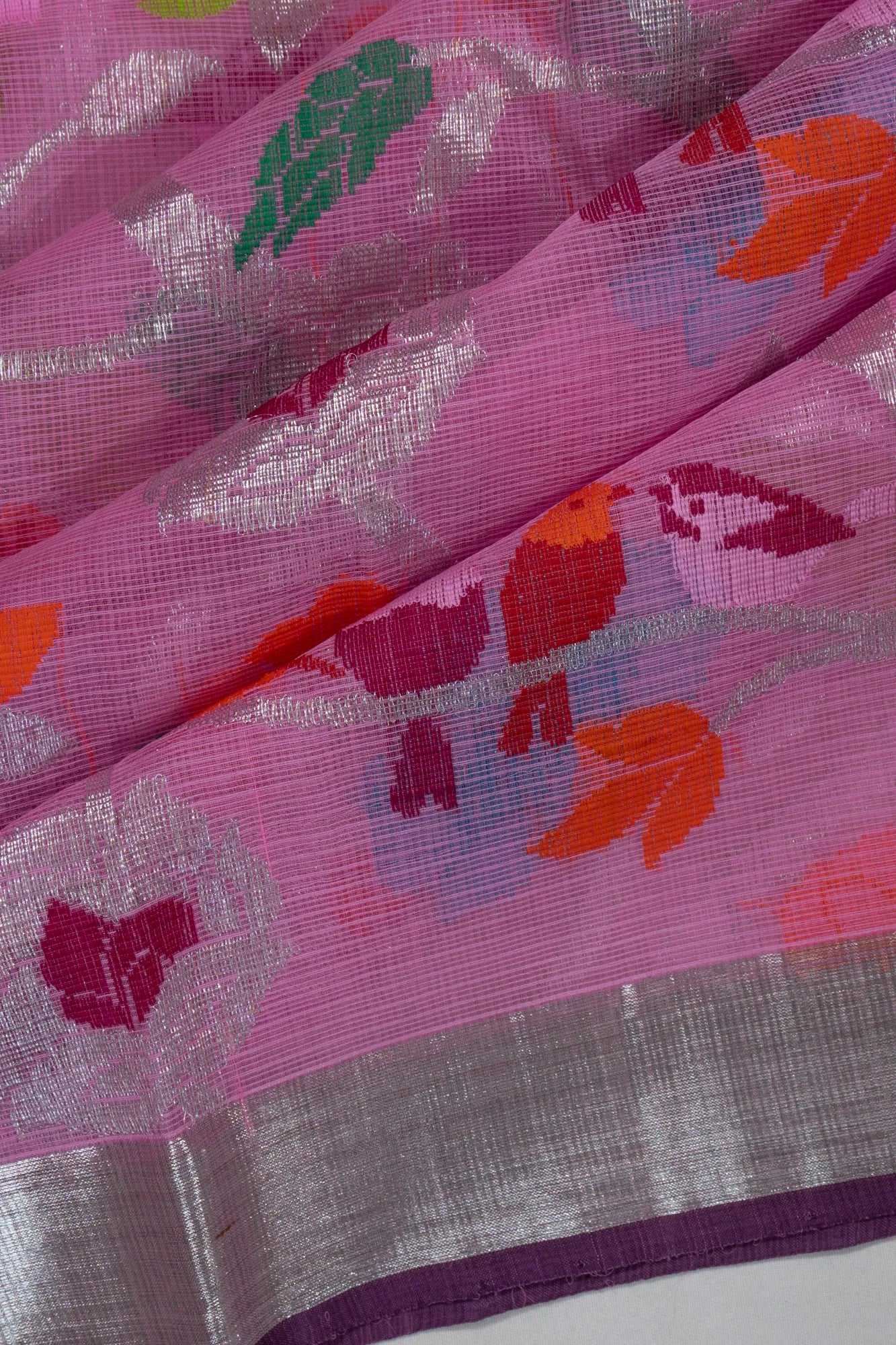 Zari Kota Cotton Jamdani Jaal Pink Saree