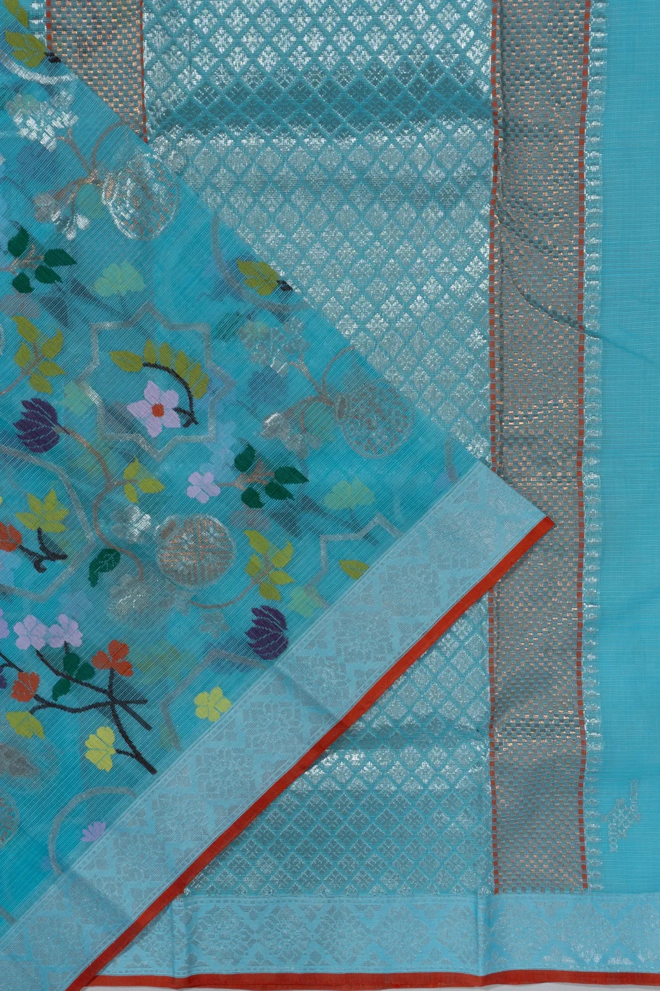 Zari Kota Cotton Jamdani Jaal Sky Blue Saree