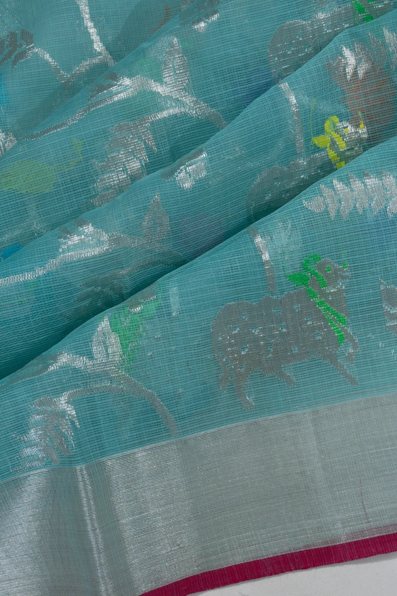 Zari Kota Cotton Jamdani Jaal Sea Blue Saree With Pichwai Motifs