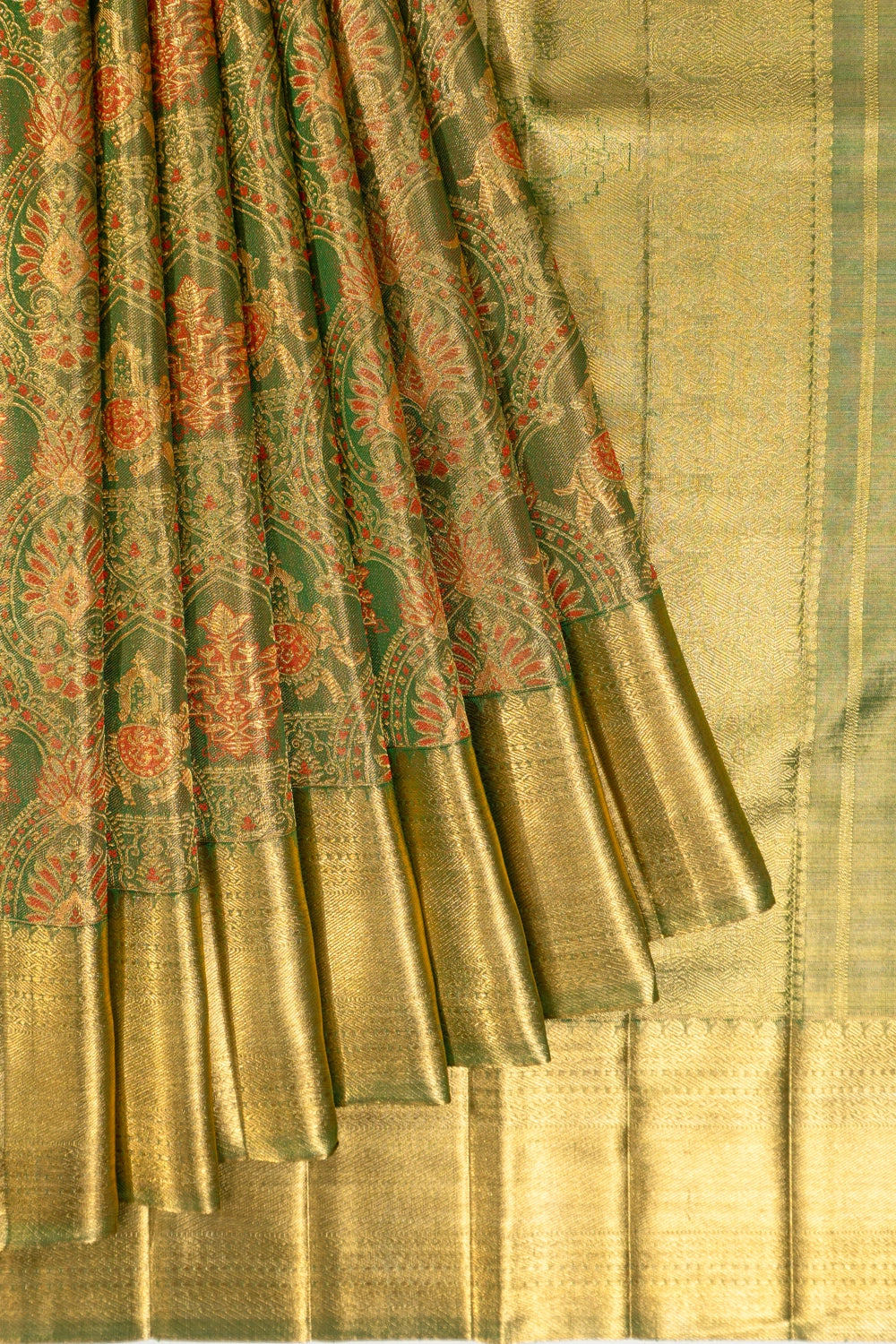 Kanchipuram Silk Tissue Brocade Bottle Green Saree