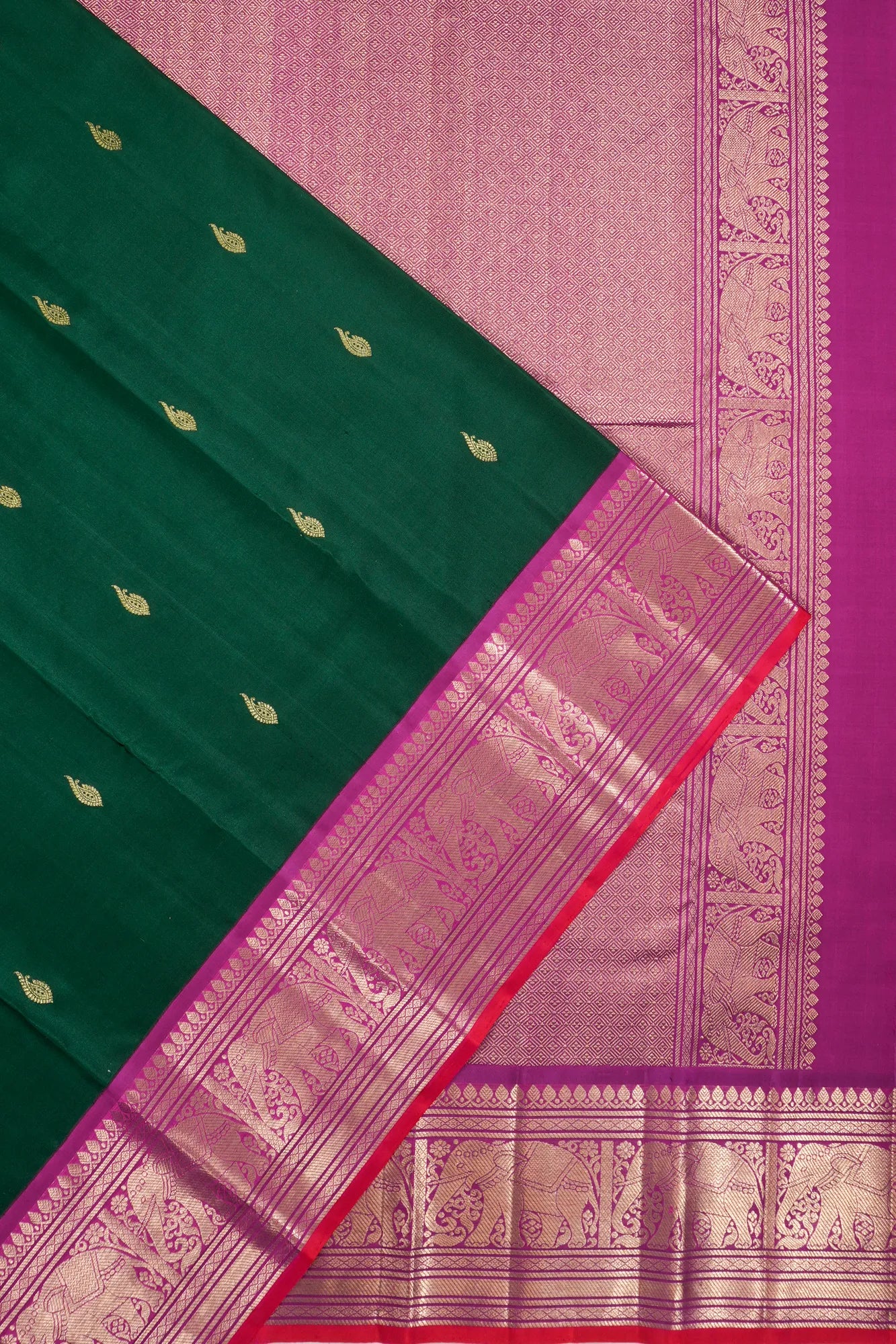Taranga Kanchi Silk Butta Bottle Green Saree