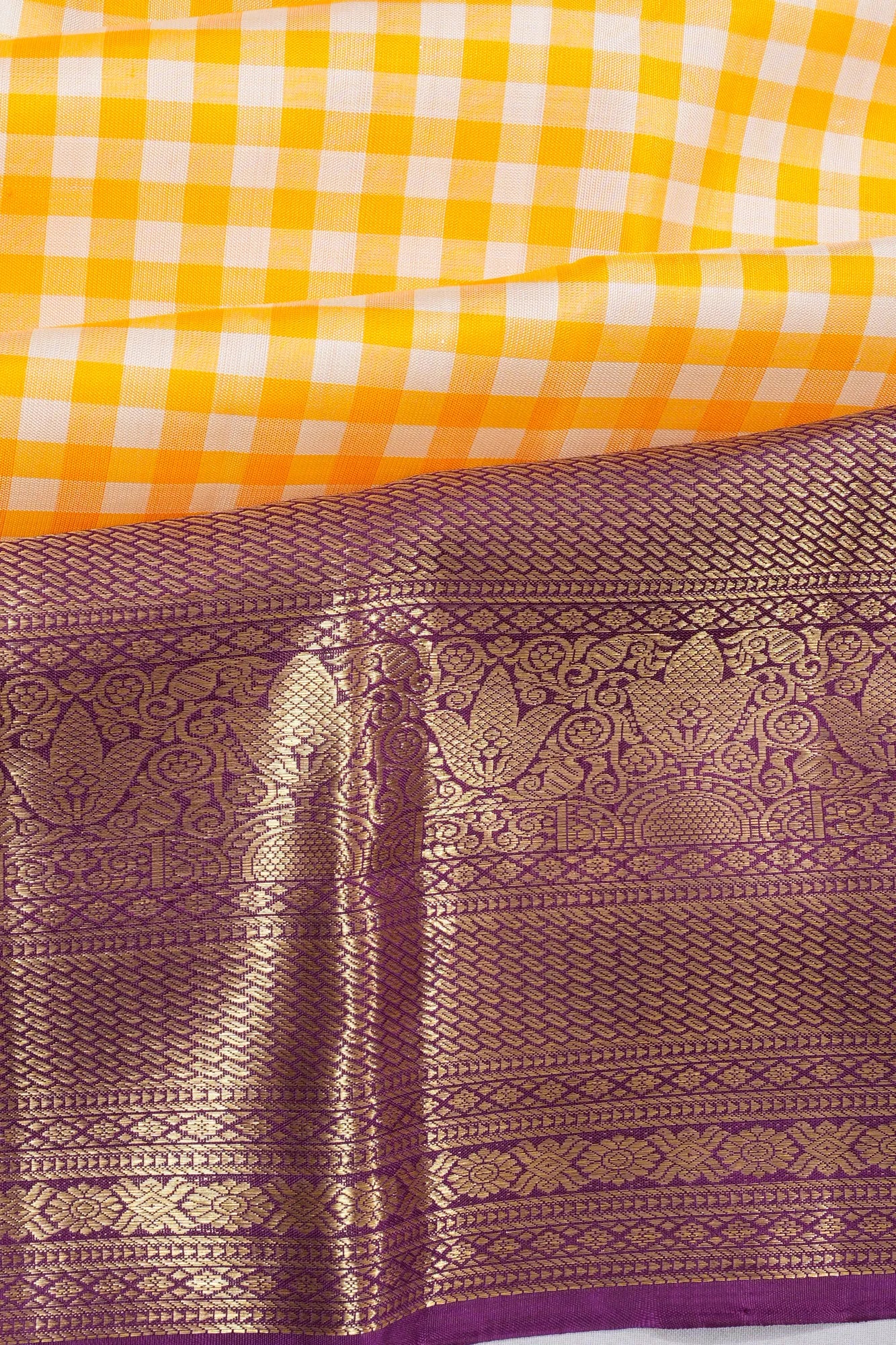 Kanchipuram Silk Checks Yellow And White Saree