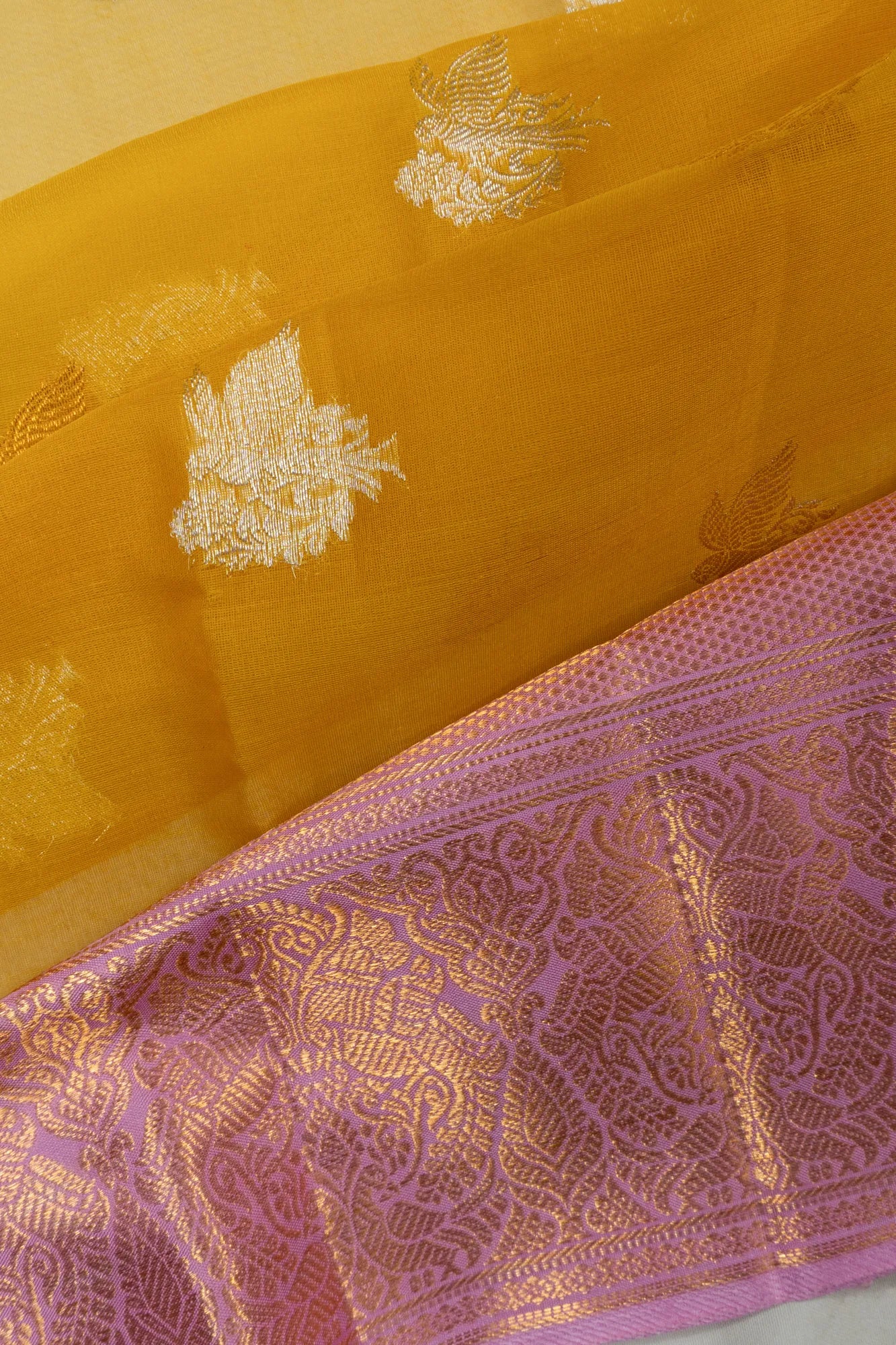 Kanchipuram Kora Organza Butta Mustard Yellow Saree