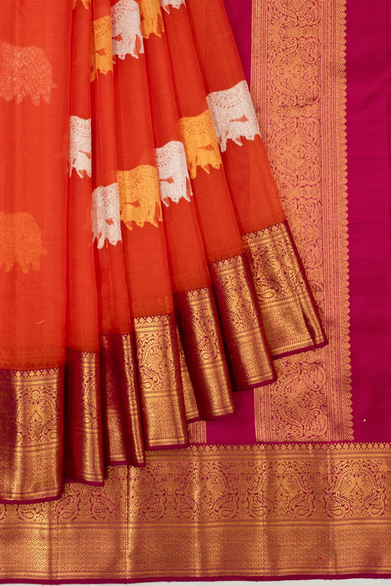 Kanchipuram Kora Organza Orange Saree With Pichwai Motif Butta
