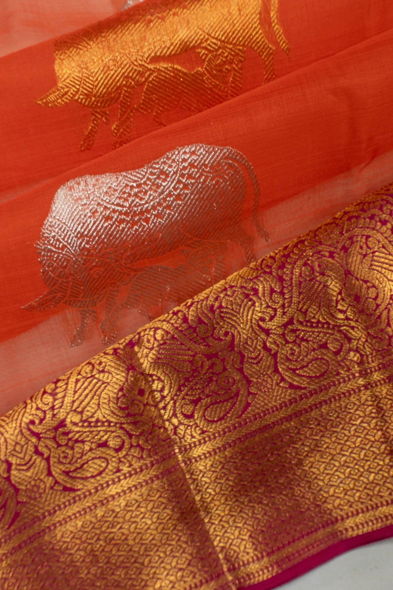Kanchipuram Kora Organza Orange Saree With Pichwai Motif Butta