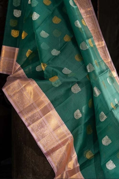 Kanchipuram Kora Organza Butta Teal Blue Saree
