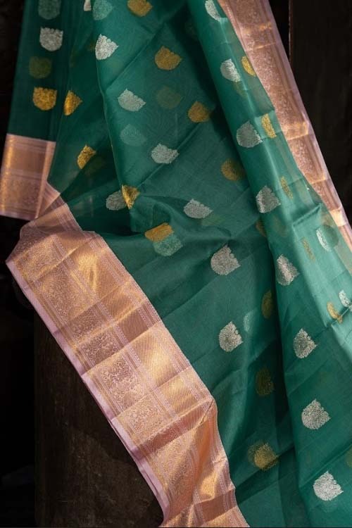 Kanchipuram Kora Organza Butta Teal Blue Saree