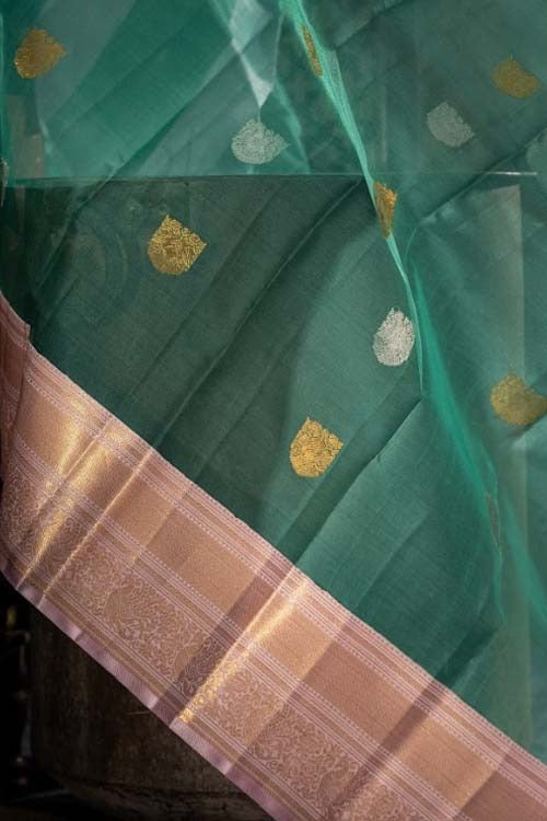 Kanchipuram Kora Organza Butta Teal Blue Saree