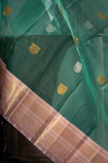 Kanchipuram Kora Organza Butta Teal Blue Saree