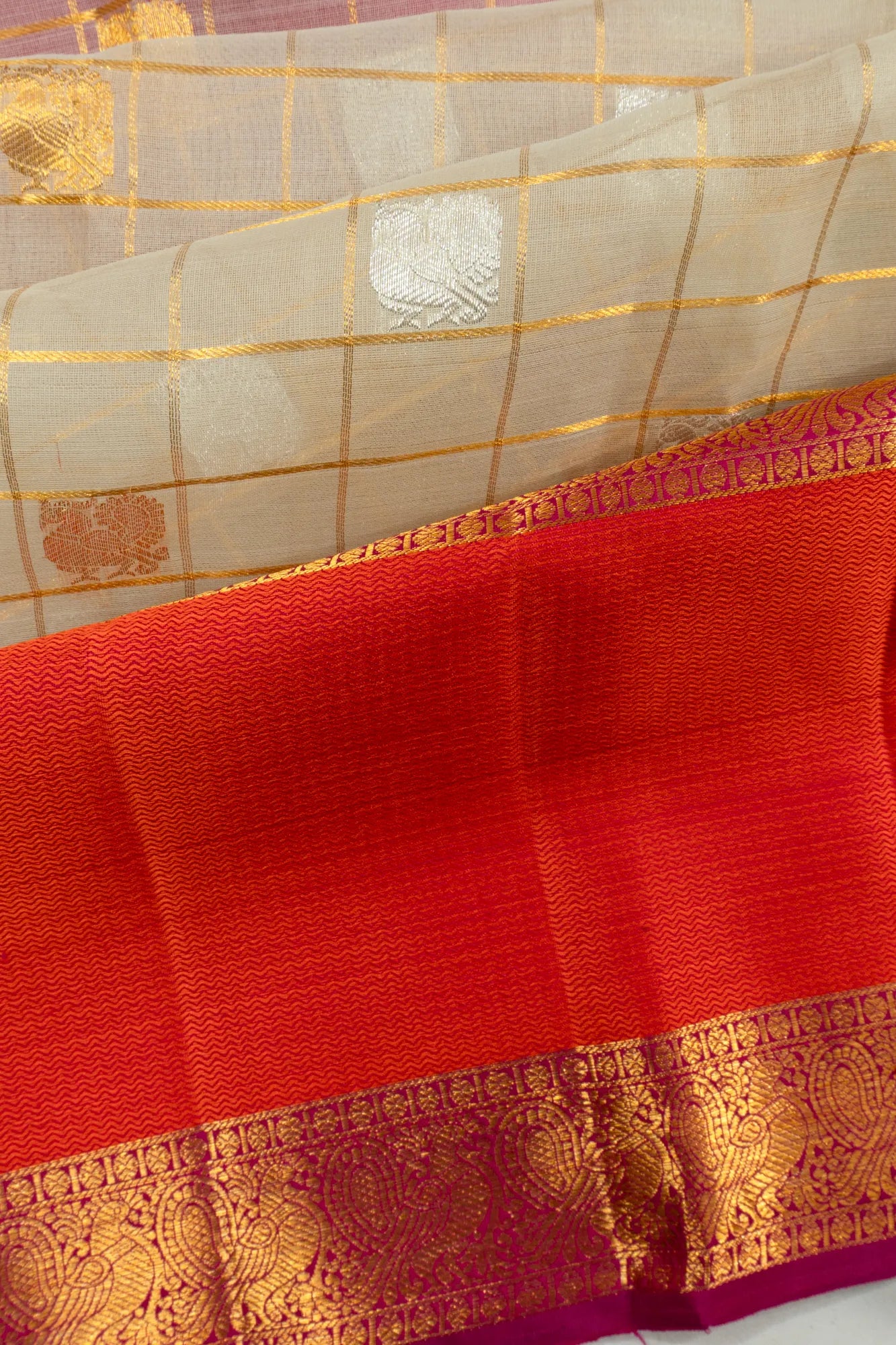 Kanchipuram Kora Organza Checks And Butta Off White Saree With Rettai Pettu Border