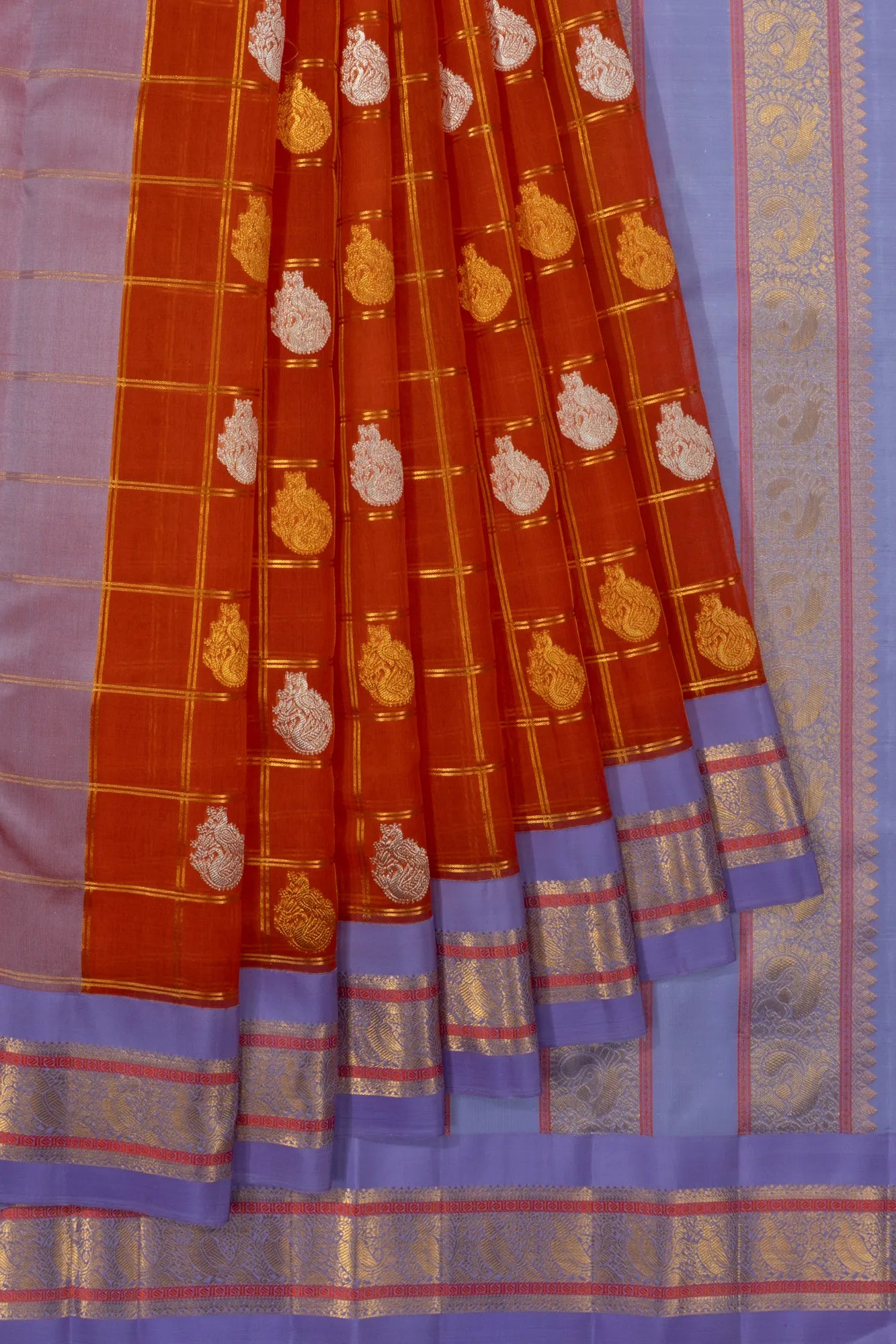 Kanchipuram Kora Organza Checks And Butta Orange Saree