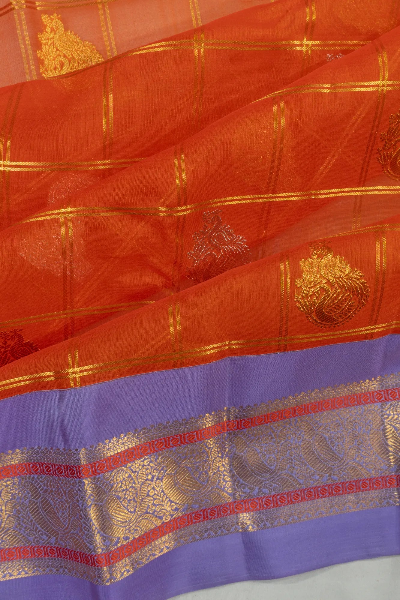 Kanchipuram Kora Organza Checks And Butta Orange Saree
