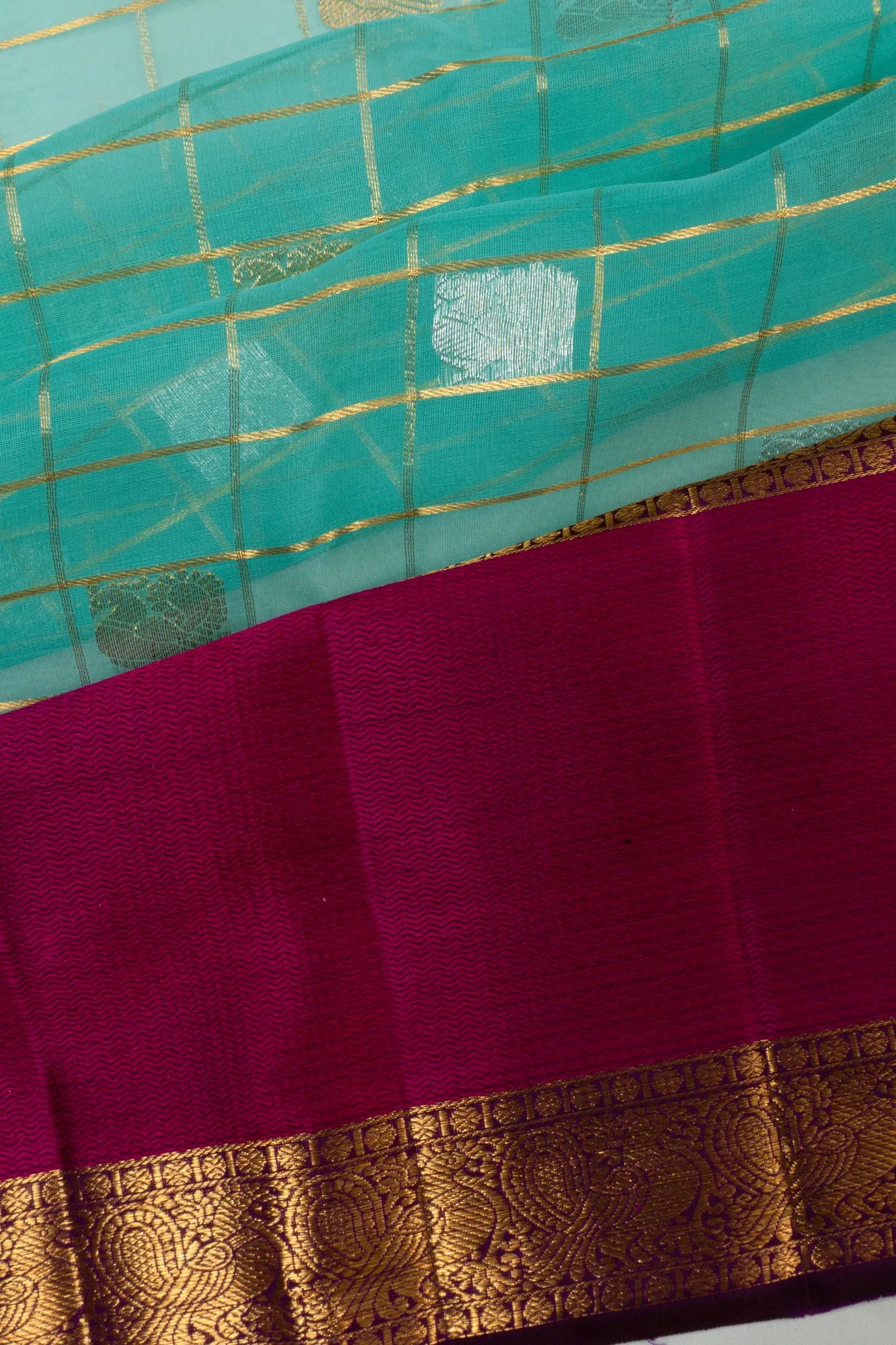 Kanchipuram Kora Organza Checks And Butta Sky Blue Saree With Rettai Pettu Border