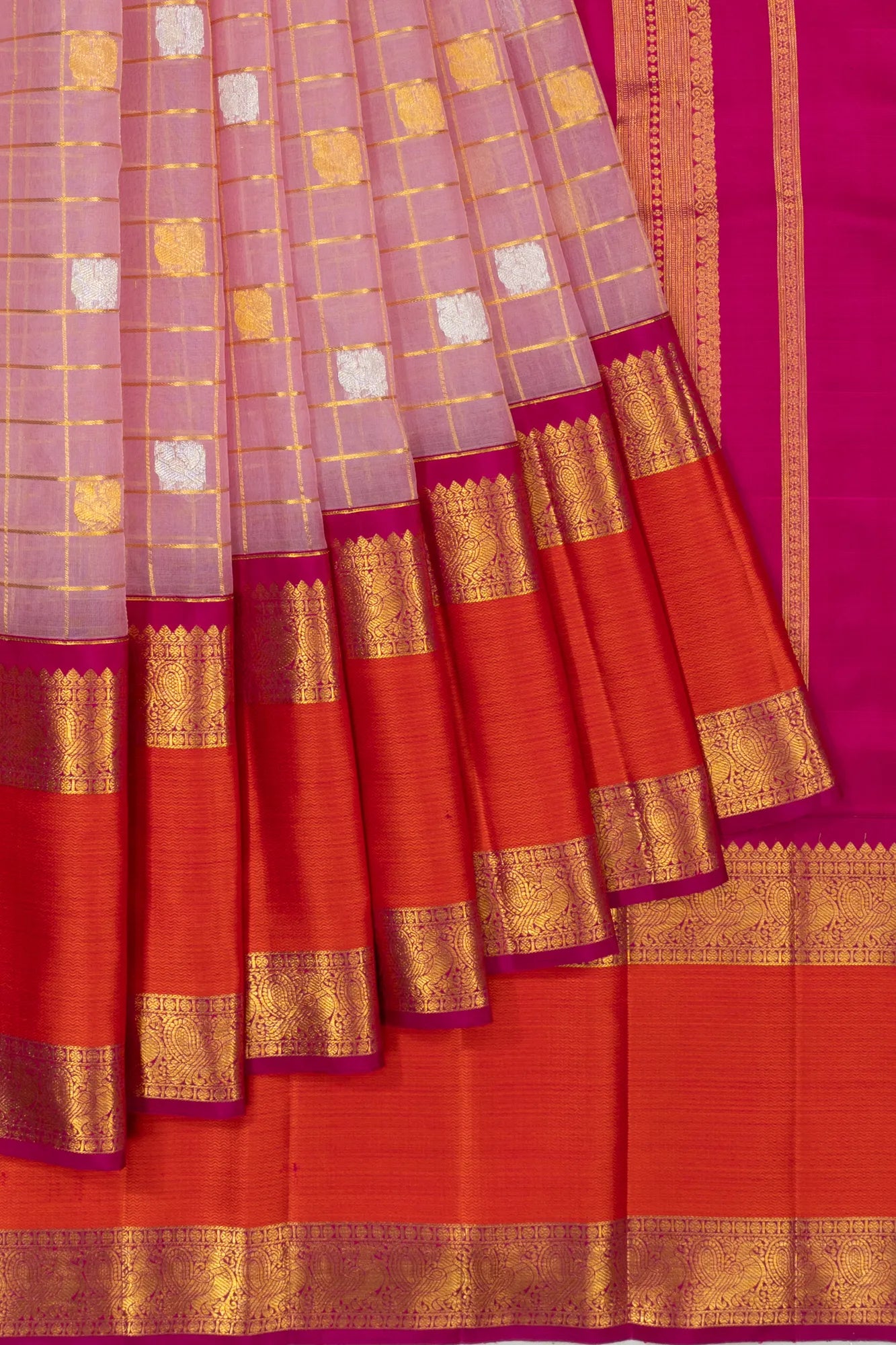 Kanchipuram Kora Organza Checks And Butta Baby Pink Saree With Rettai Pettu Border