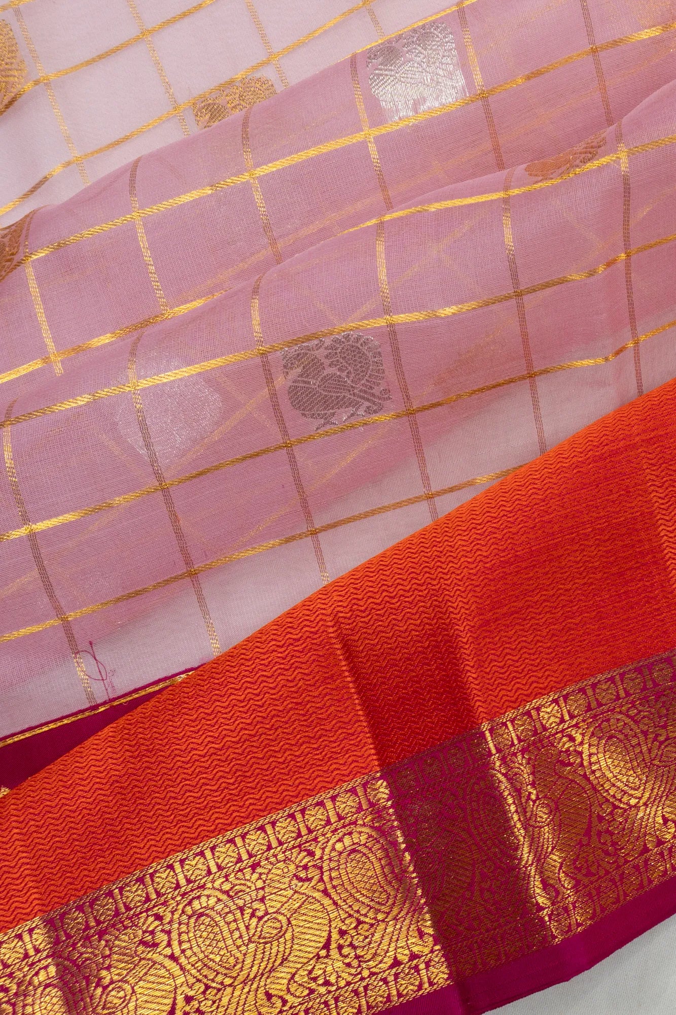 Kanchipuram Kora Organza Checks And Butta Baby Pink Saree With Rettai Pettu Border