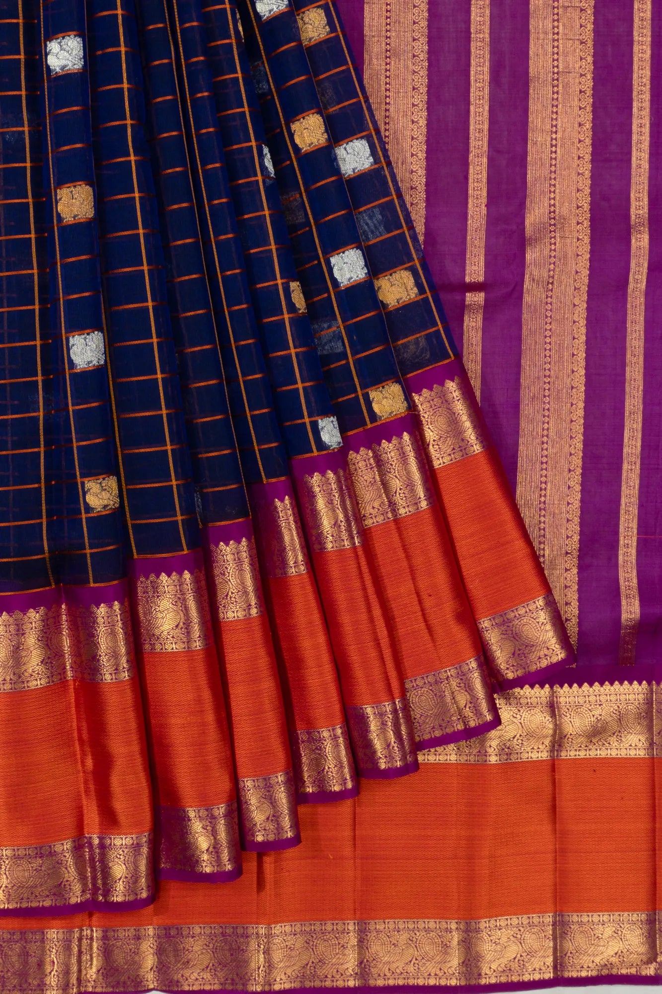 Kanchipuram Kora Organza Checks And Butta Navy Blue Saree With Rettai Pettu Border