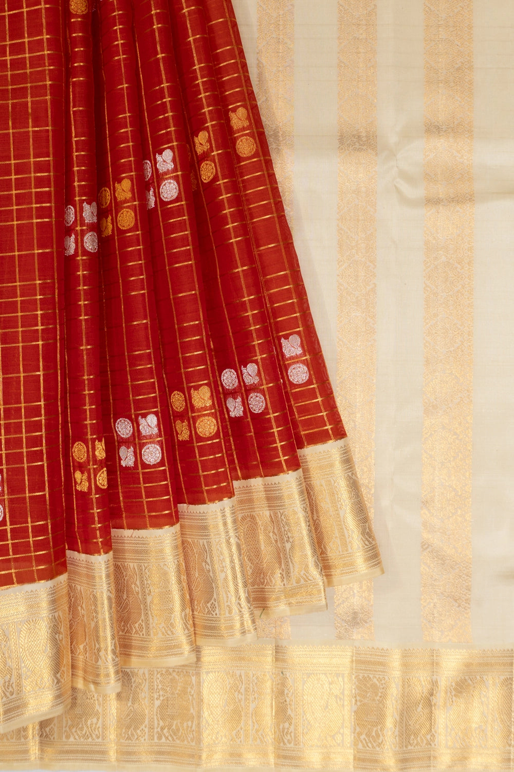 Kanchipuram Kora Organza Checks And Butta Red Saree