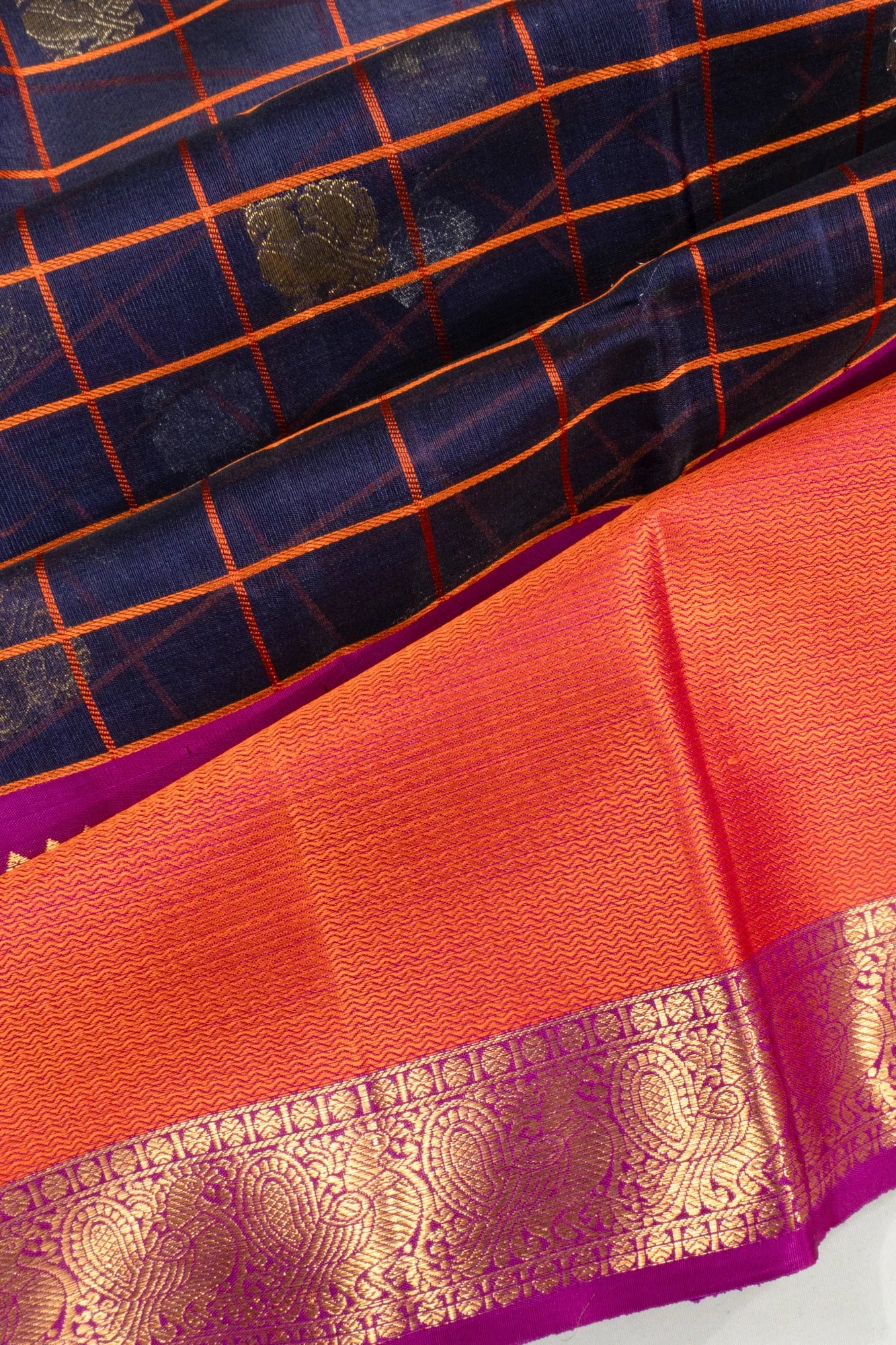 Kanchipuram Kora Organza Checks And Butta Midnight Blue Saree With Rettai Pettu Border